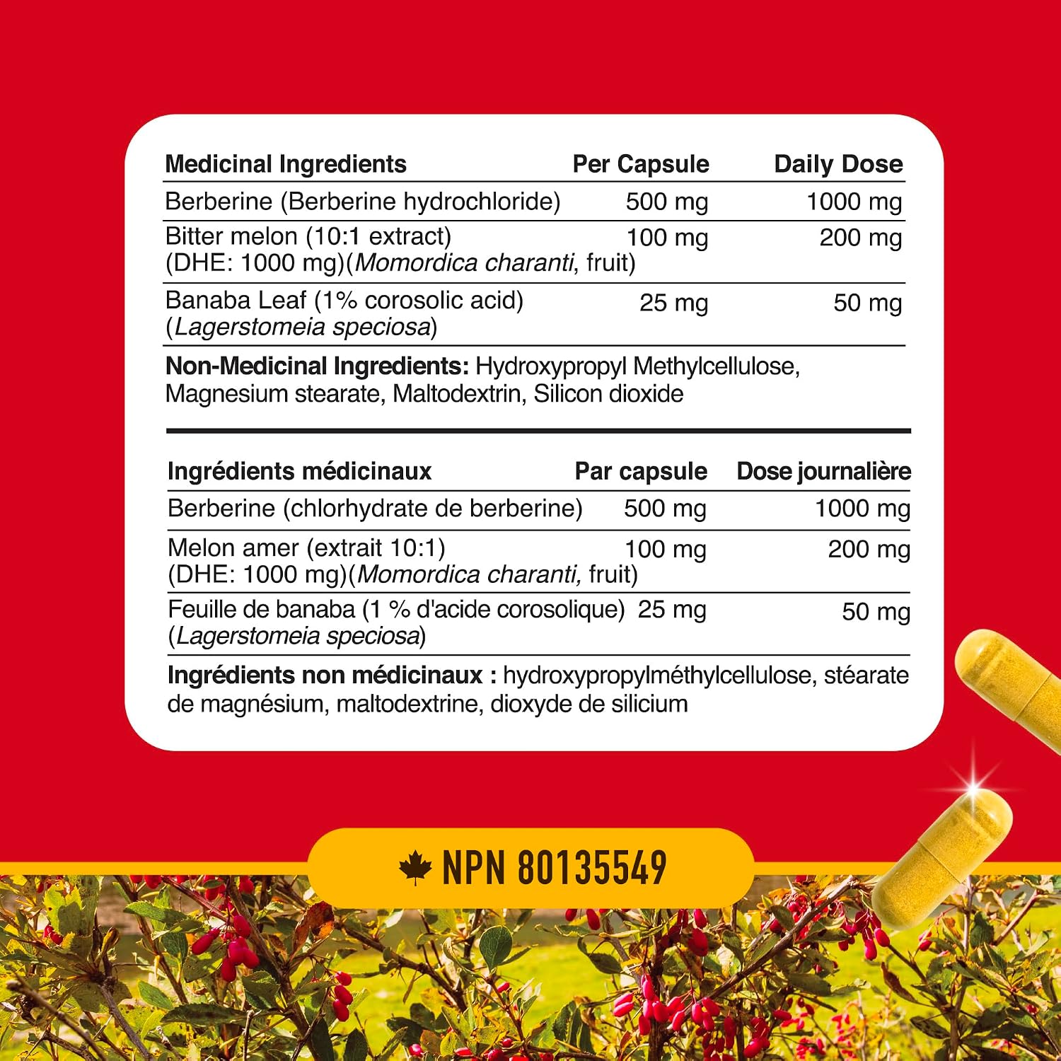 Detalle 2 de SMNutrition Berberine 1000 mg Capsules, 500 mg per Capsule with Bitter Melon