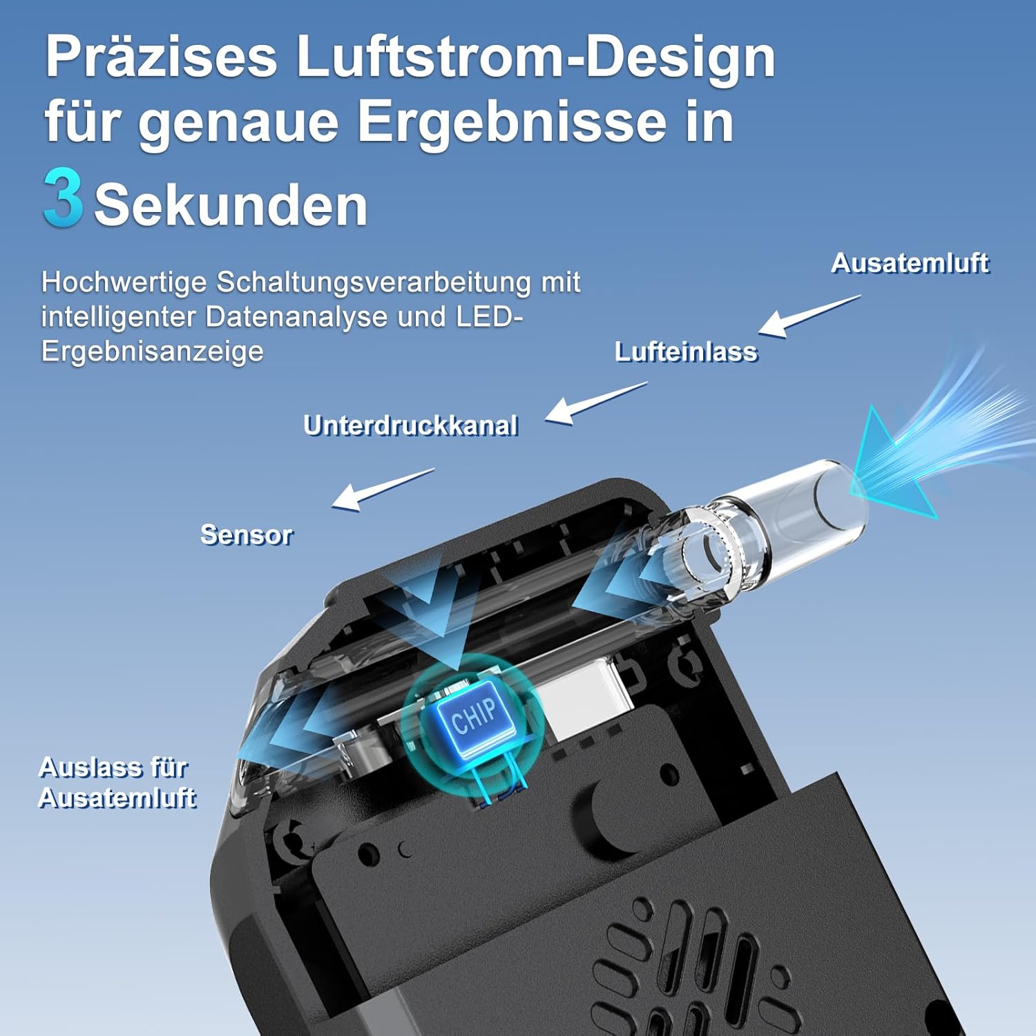 Detalle 2 de Alkoholtester Alkotester Atemalkoholtester Promilltester Dual-Sensor, LCD-Display, 20 Mundstücke – tragbar für Auto & Zuhause (Schwarz)