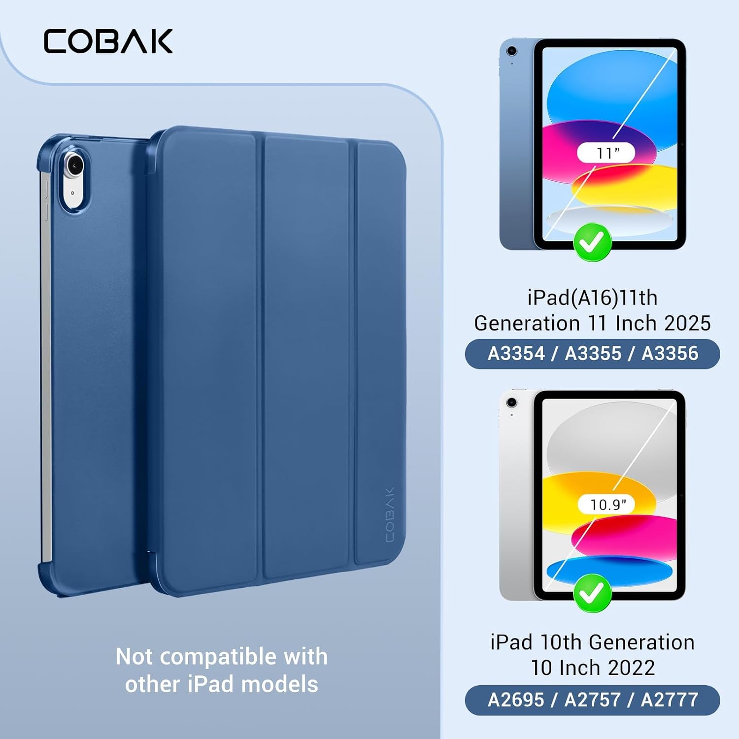 Detalle 2 de CoBak Case for iPad A16 11th Gen 2025 / iPad 10th Gen 2022 – Blue, Trifold Stand, Auto Wake/Sleep