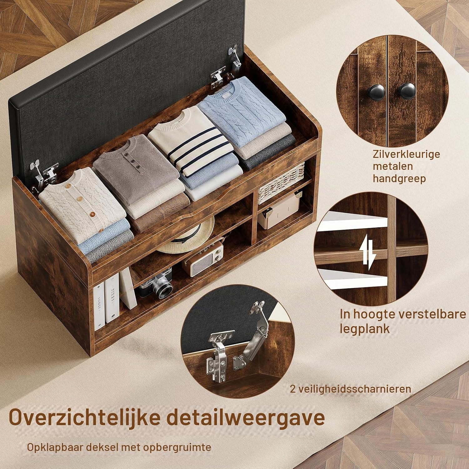 Thumbnail 6 de TEENFON schoenenbank 92 x 35 x 50 cm met 2 deuren, zitkussen en verstelbare planken