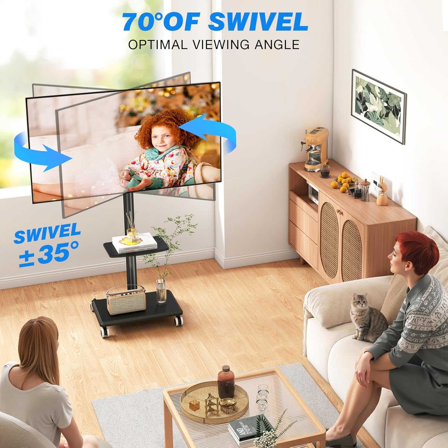 Thumbnail 5 de 5Rcom support TV sur pied à roulettes (VESA 400×400) pivotant et réglable en hauteur pour écrans 27 à 55 pouces, base en bois (noir)