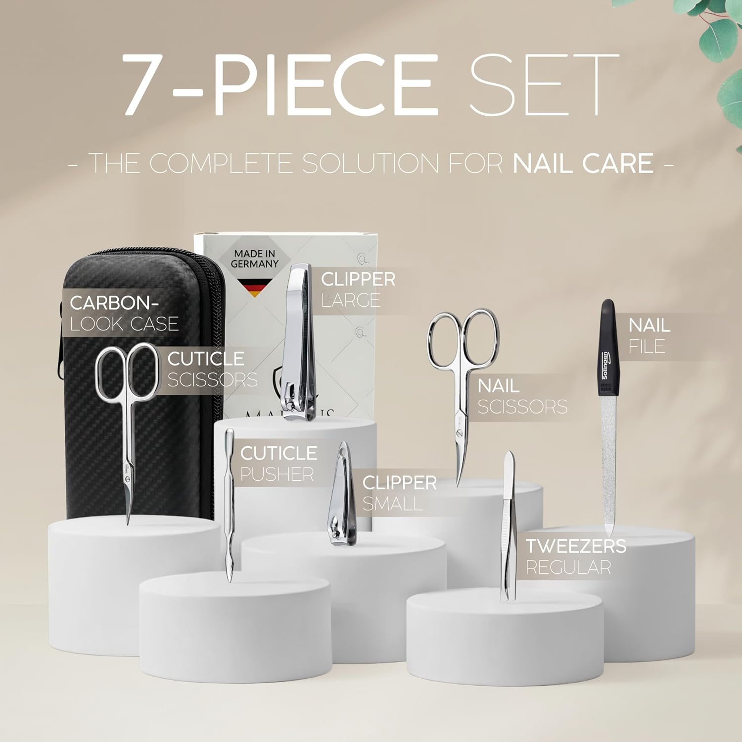 Detalle de Solingen Set Manicure Professionale – Kit da 7 Pezzi con Custodia in Similpelle look Carbonio