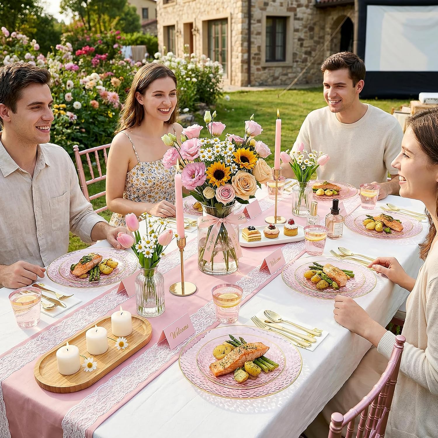 Thumbnail 5 de Rubtlamp 350 Pcs Clear Pink Plastic Plates with Pink Gold Rim Dinnerware Set (50 Guests)