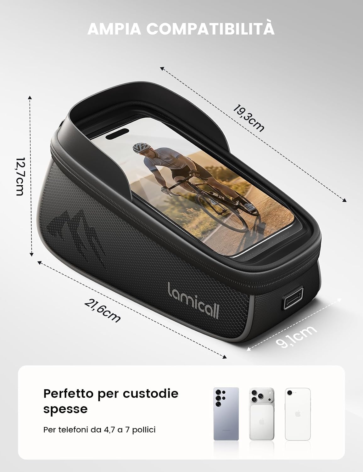 Detalle de Lamicall Borsa Telaio Bici Impermeabile 1,6 L: custodia con touch screen e copertura anti-pioggia per smartphone fino a 7