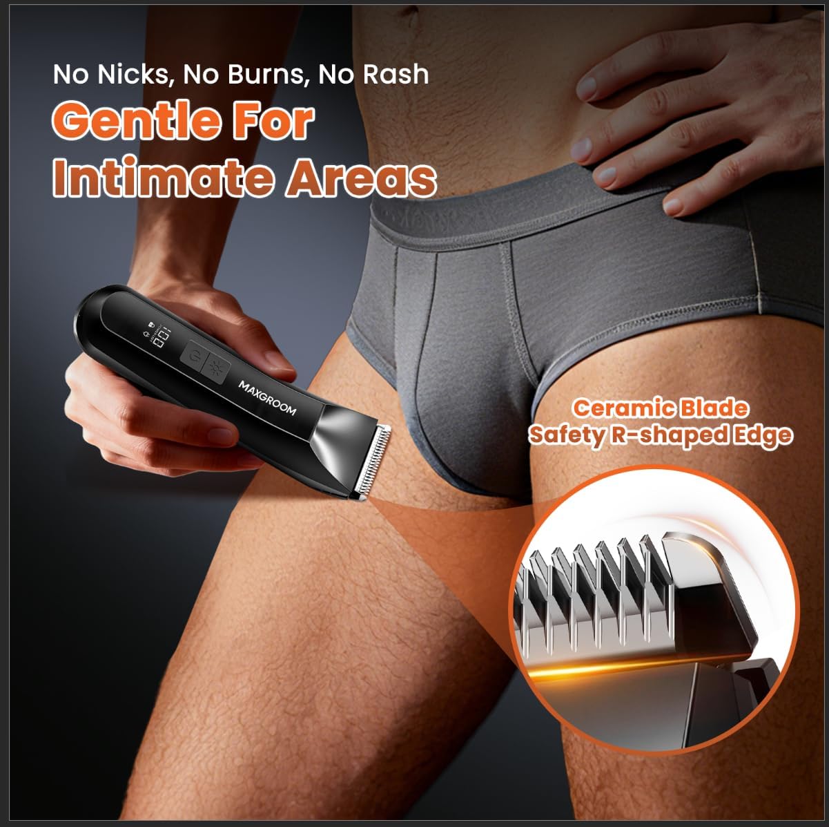 Detalle 2 de MAXGROOM 3 in 1 Manscape Body Hair Trimmer for Men (Ceramic Blades, Controllable LED, IPX7 USB‑C)
