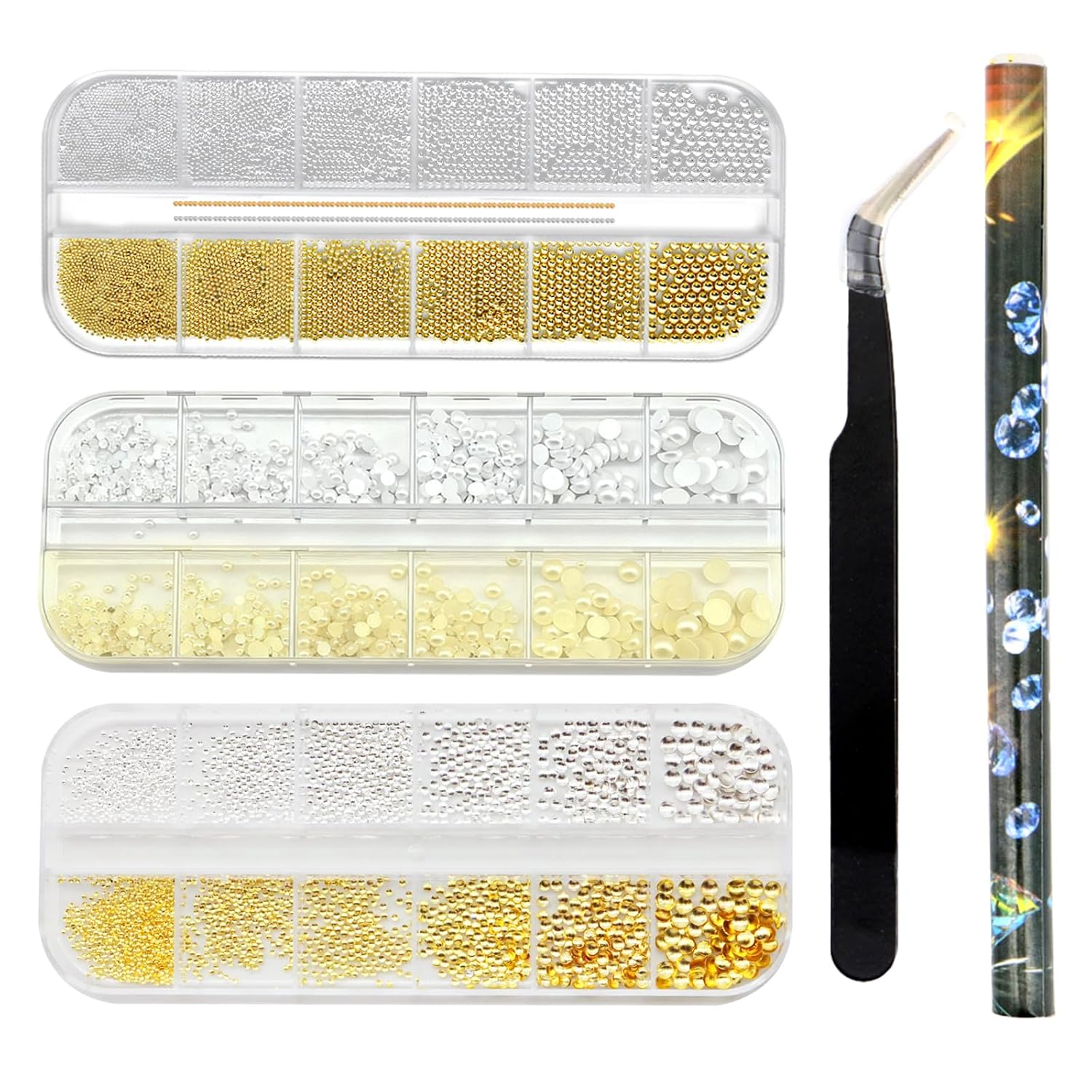 Detalle de Scettar 3er Set Nailart Perlen, Strasssteine & Glitzersteine – Gold/Silber, 0,6–5 mm, 3D Nageldesign & DIY
