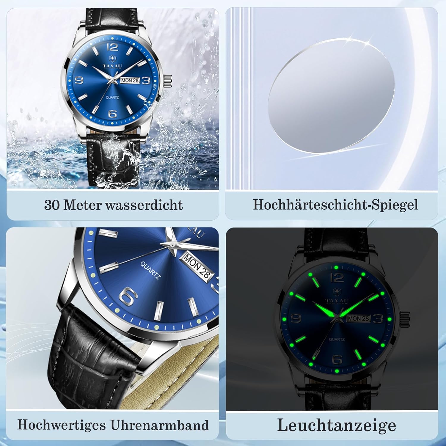 Detalle de Taxau Herren Armbanduhr Chronograph – Edelstahl, Quarz, wasserdicht und leuchtend