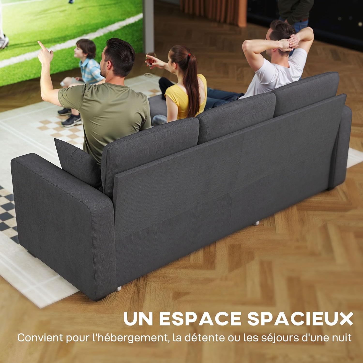 Detalle de HOMCOM Canapé d'angle Convertible Réversible en Velours Côtelé – Canapé-Lit 3 Places 205 cm avec Chaise Longue et Rangement, Gris