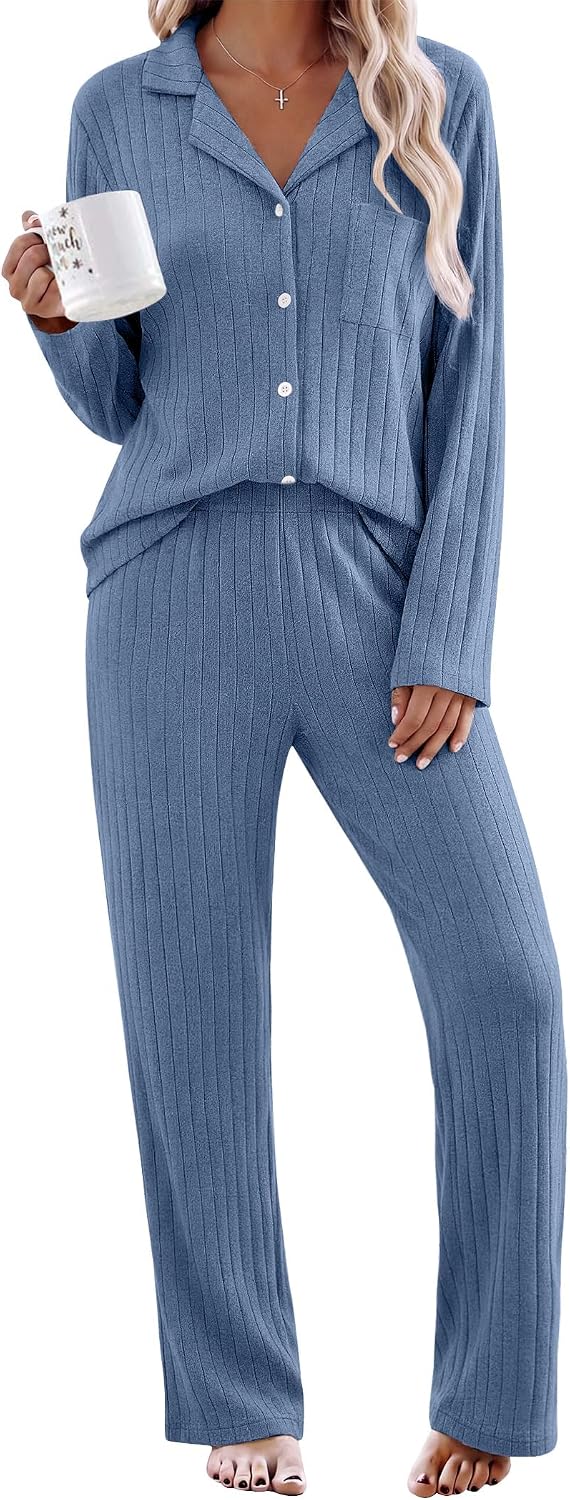 Detalle de Ekouaer Women's Ribbed Knit Pajama Set with Button-Down Top and Wide-Leg Pants