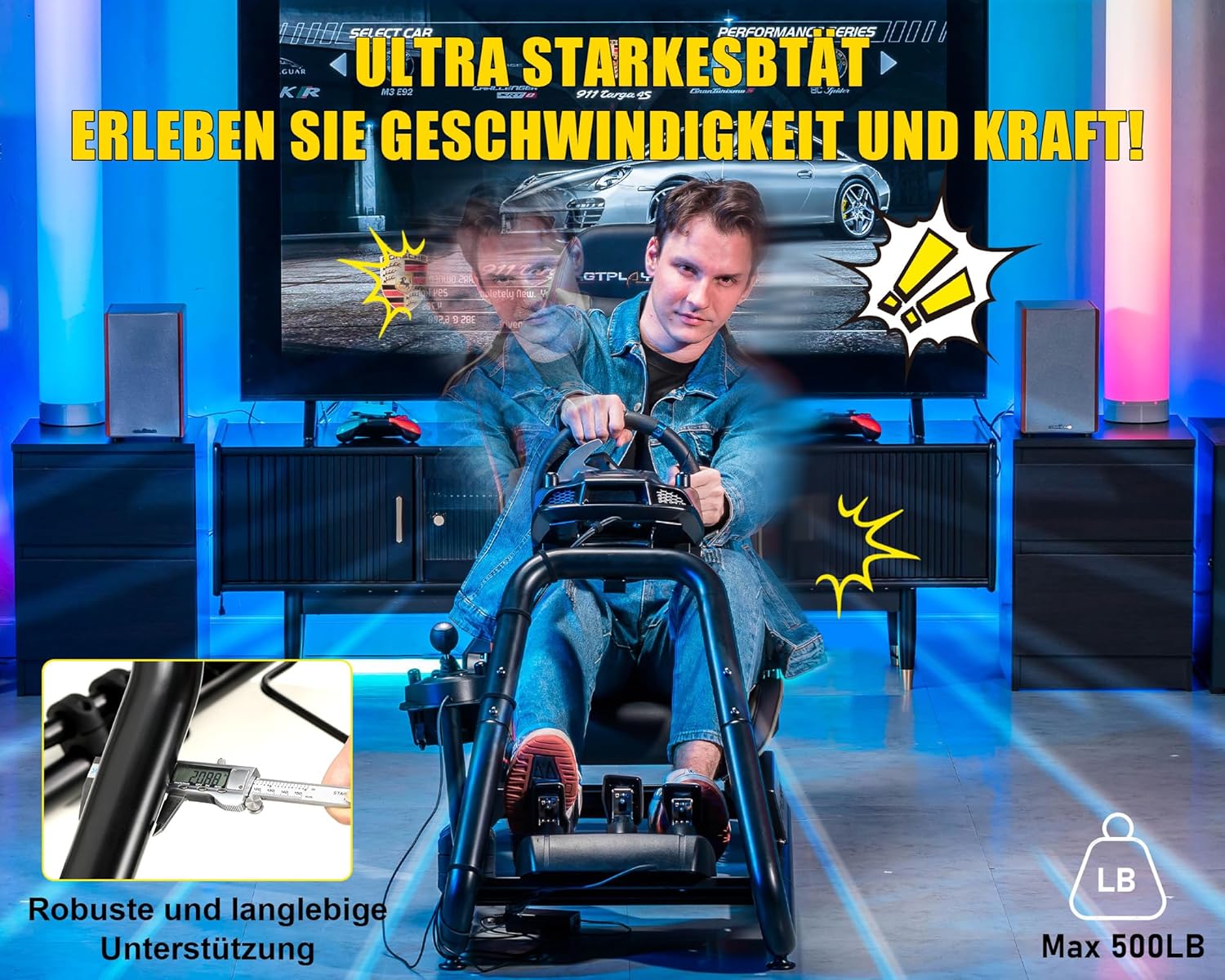Detalle de GTPLAYER Simulator Cockpit für SIM Racing: Lenkradständer mit Pedalablage und Sitz mit Lautsprechern