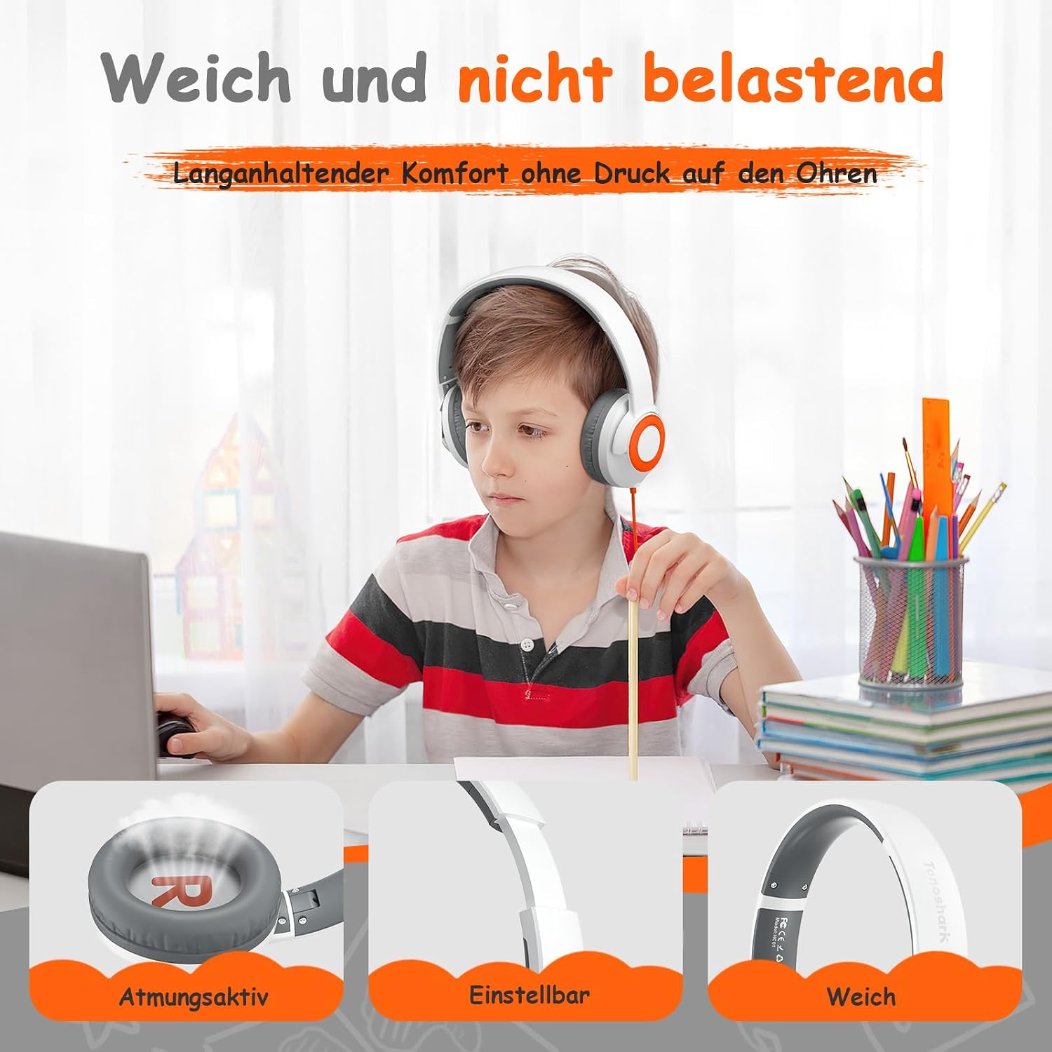 Detalle 2 de TONOSHARK Kinder-Kopfhörer mit Kabel, klappbar & Mikrofon inkl. Gehörschutz (85/94 dB) – für Homeschooling & Unterricht (weiß)
