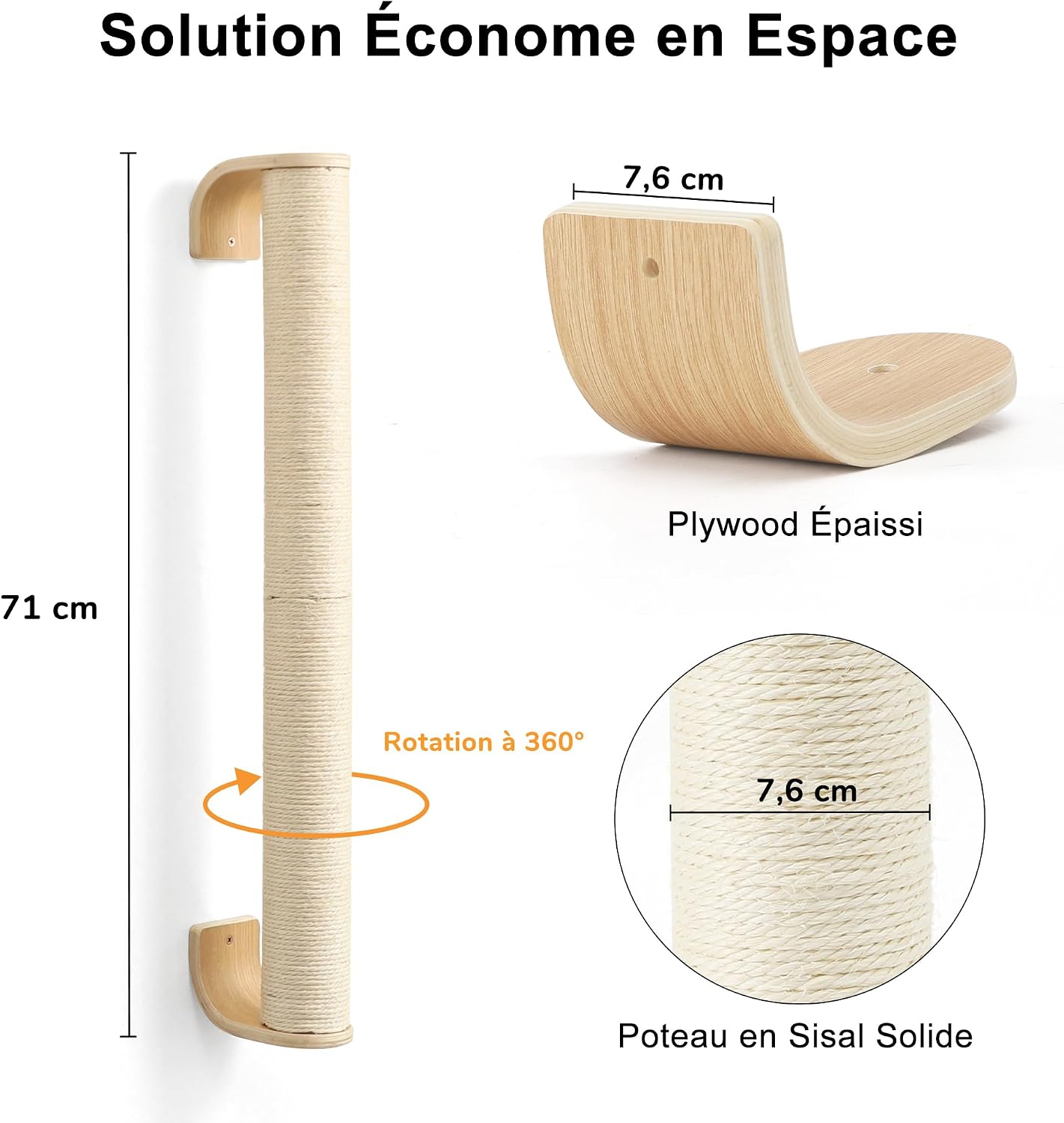 Detalle de FUKUMARU Griffoir pour Chat à 71 cm – Grattoir mural en sisal, poste vertical robuste