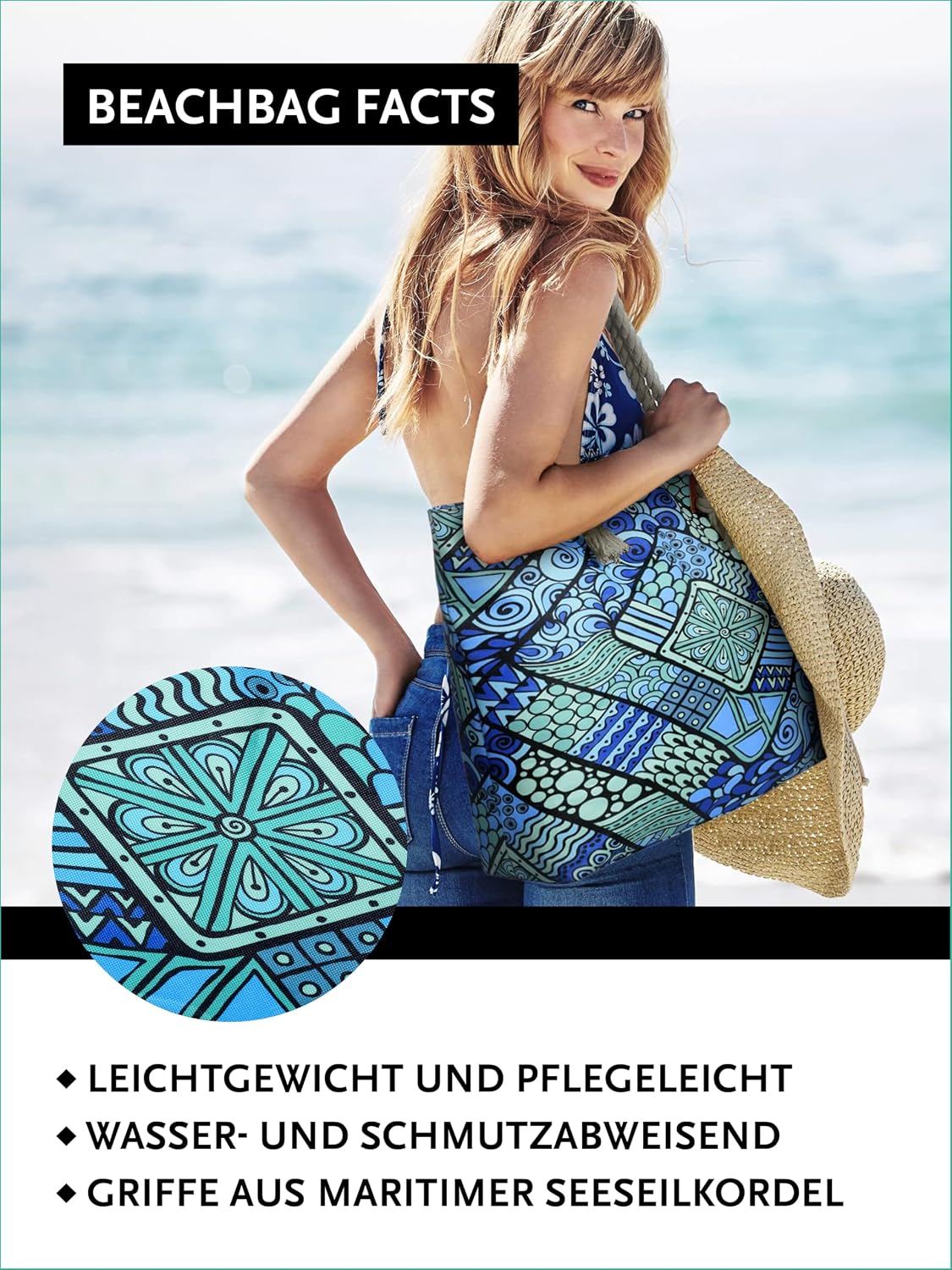 Detalle 2 de DonDon Strandtasche mit Reißverschluss XXL – robuste Badetasche für Strand & Meer