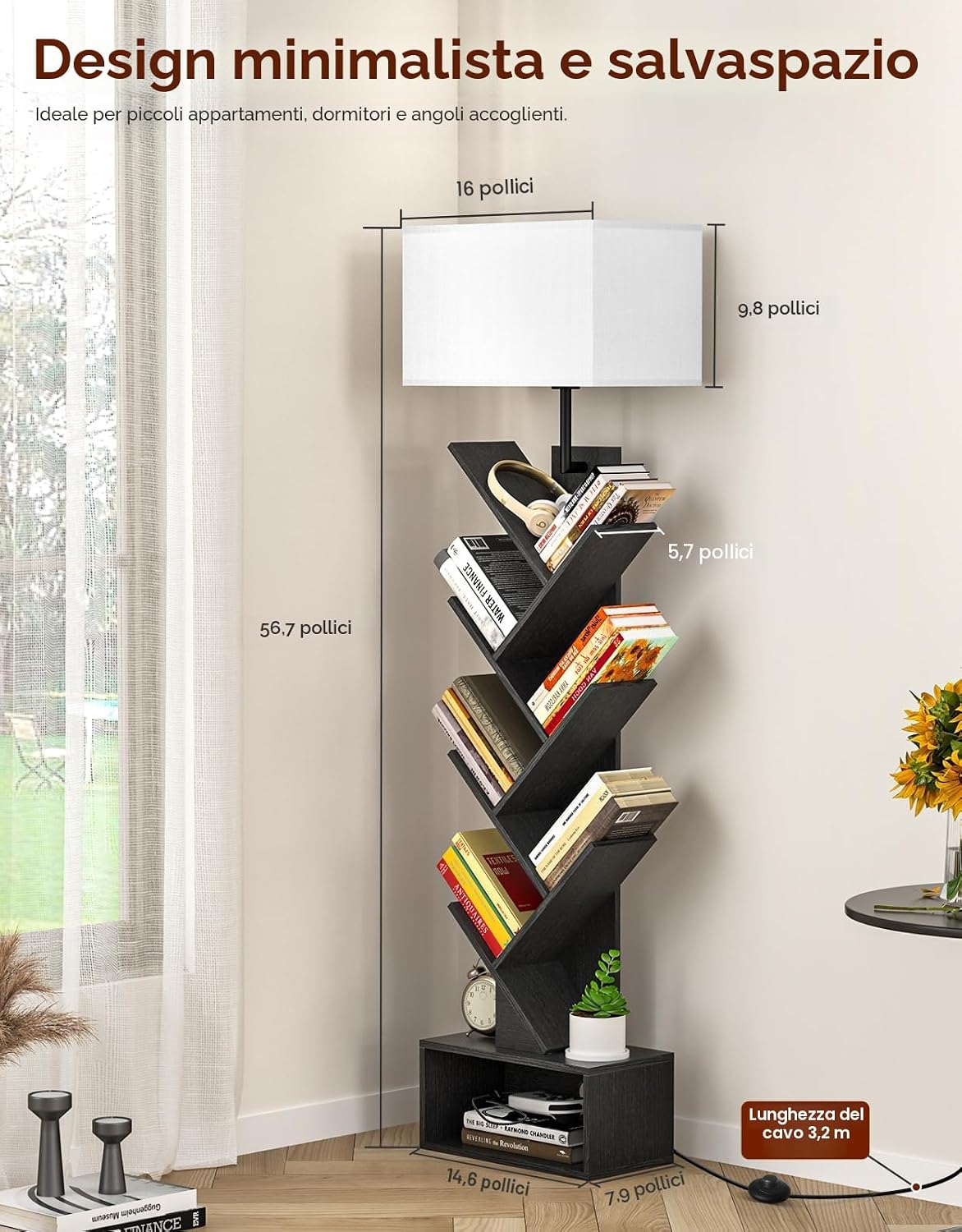 Detalle 2 de OUTONLIFE Libreria a forma di albero in legno con luci e 6 ripiani autoportante nero, con telecomando
