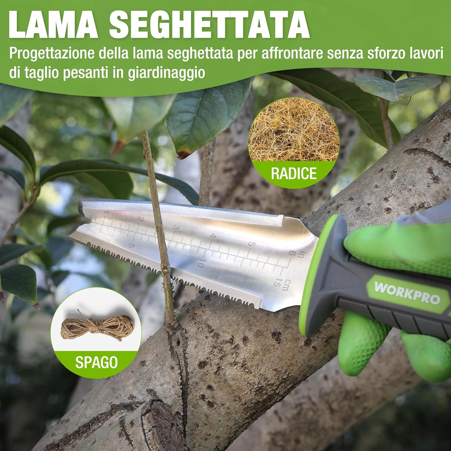 Detalle de WORKPRO paletta da giardino 12" con custodia in Oxford e lama dentata in acciaio inox