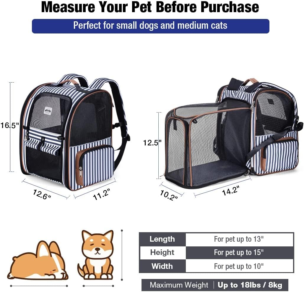 Thumbnail 1 de Lekesky Large Cat Carrier Backpack Expandable (XL) – Striped pet carrier backpack for small dogs and medium cats
