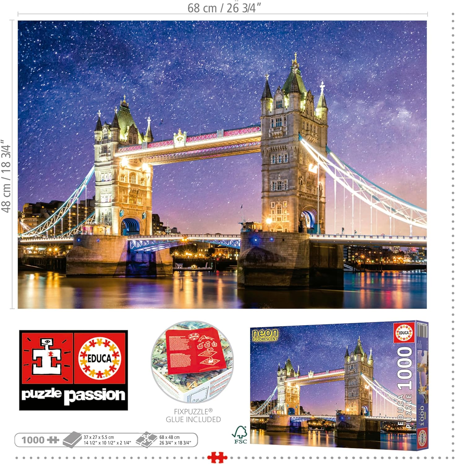 Thumbnail 2 de Educa Puzzle 1000 pièces « Neon » Tower Bridge qui brille dans l’obscurité (dès 14 ans)