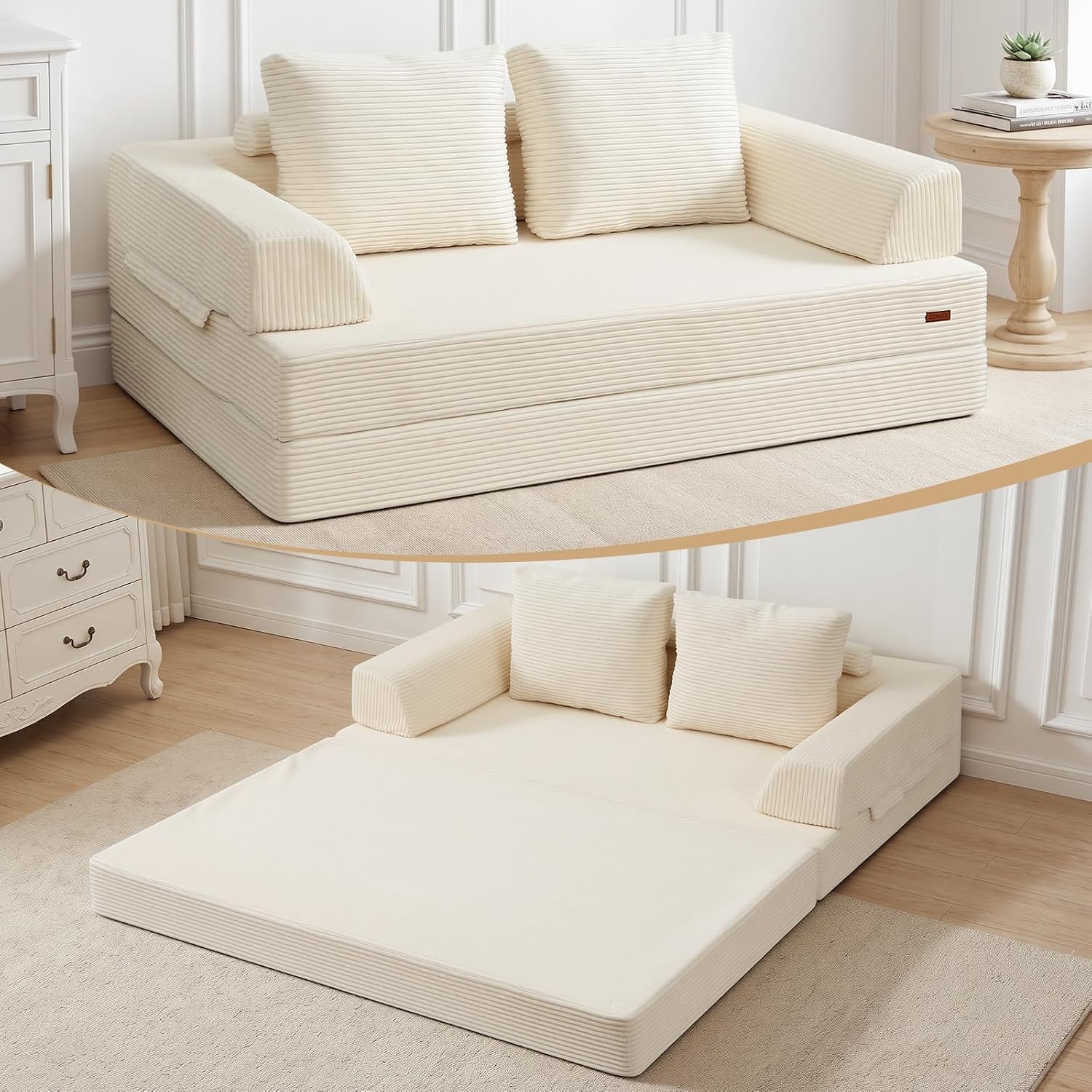 Detalle de COMAX Convertible Sofa Bed (Corduroy Beige) – Folding Floor Couch Bed Futon Sleeper w/ Pillows