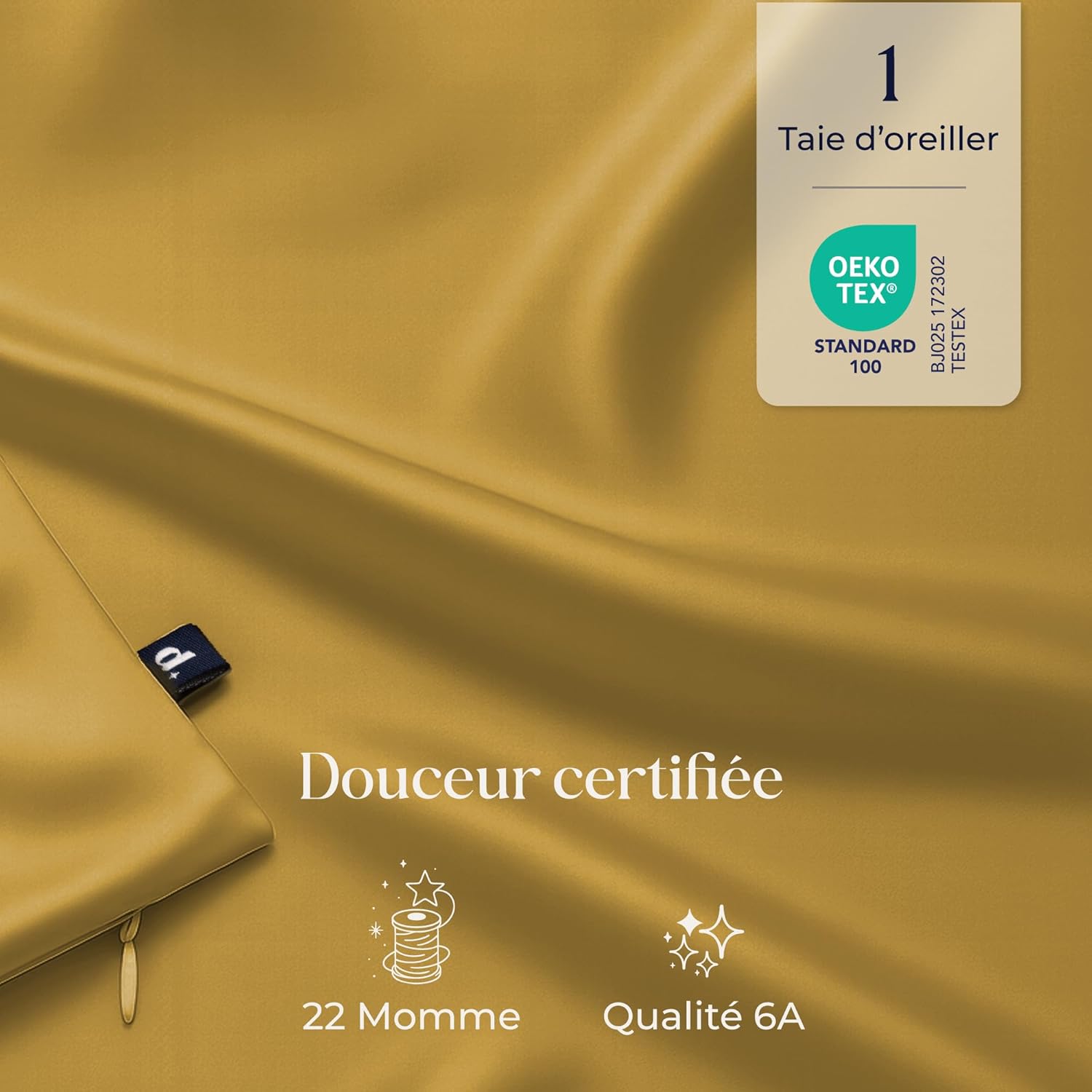 Detalle de Dreamzie Taie d’oreiller en soie 100% 22 Momme Grade 6A (Oeko-Tex) – 60 x 60 cm, doré – 1 unité
