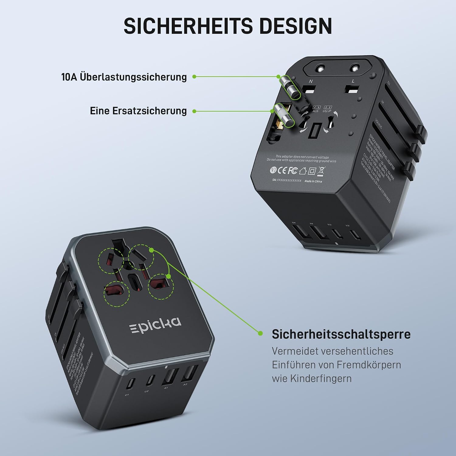 Detalle de EPICKA Reiseadapter Weltweit – Universal-Reisestecker mit 2 USB-C, 2 USB-A und AC-Dose (TA-104e)