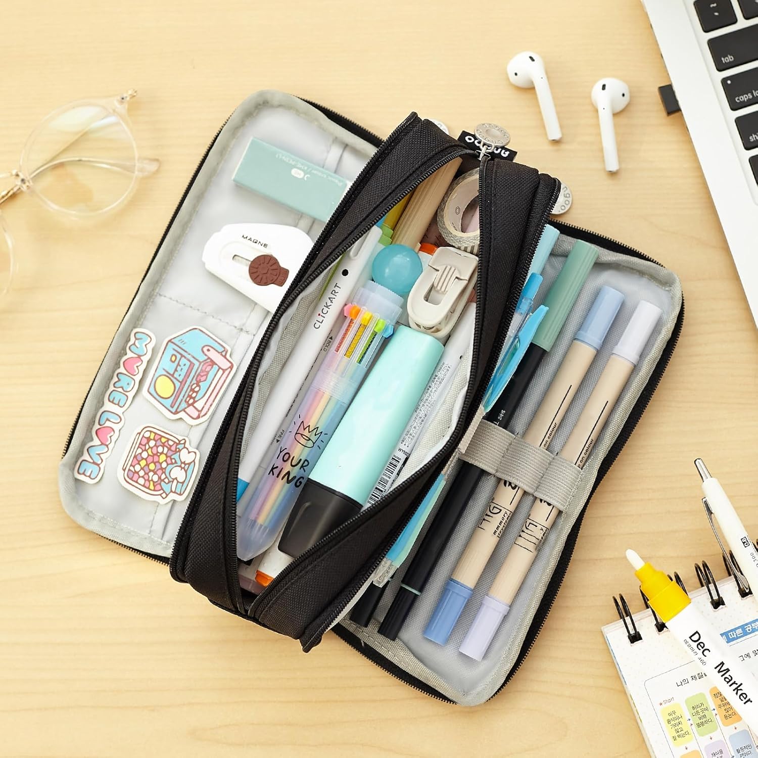Detalle 2 de CICIMELON Large Capacity 3-Compartment Pencil Case, Black
