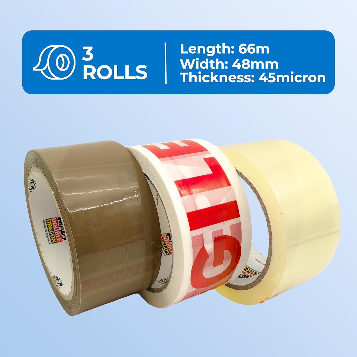 Thumbnail 1 de Double Dragon Double Mixed Packing Tape Multipack (Brown, Clear & Fragile) – 3 Rolls, 48mm x 66m each