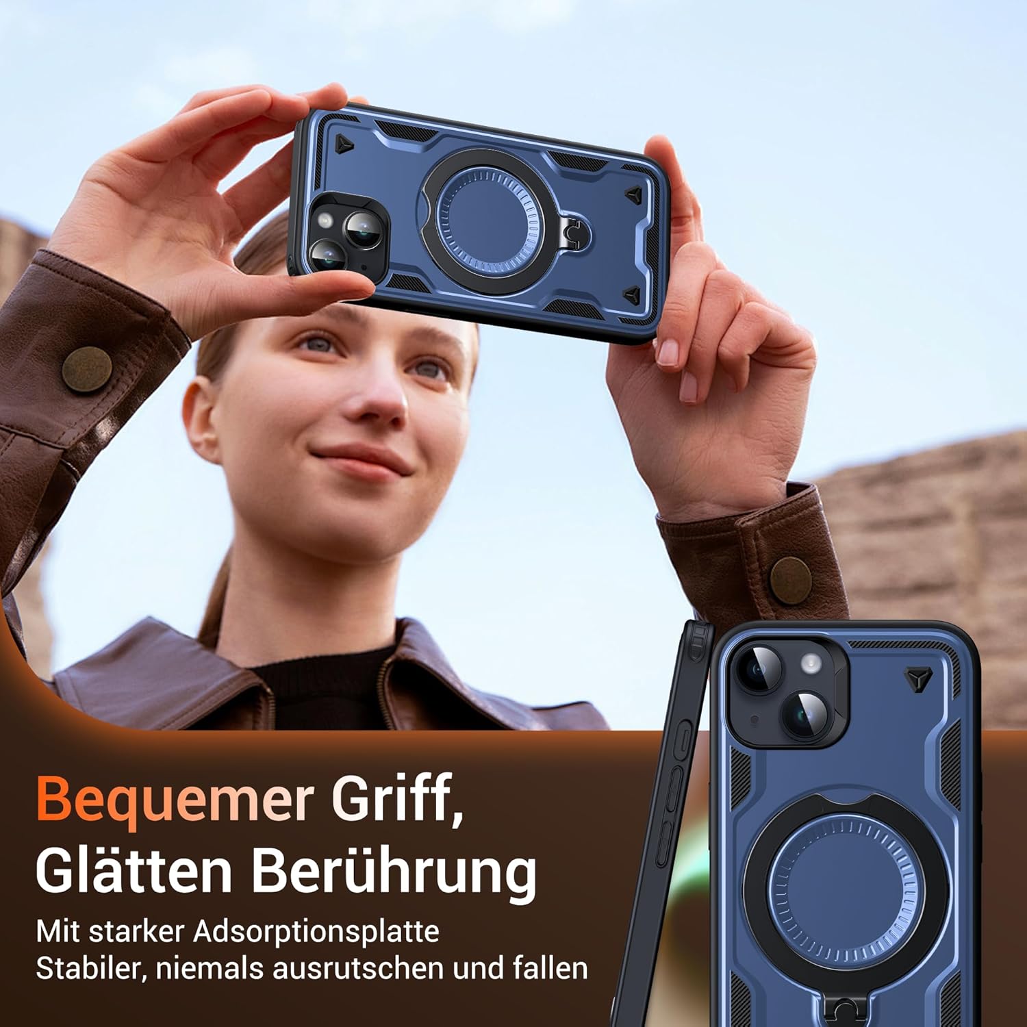Thumbnail 5 de WYUIC Hülle für iPhone 14/13 mit drehbarem Ring-Ständer – robuste Stoß- und Kratzschutzhülle in Blau