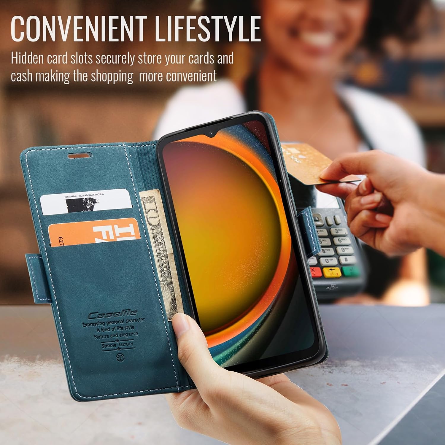 Detalle de Phernykas Lederhülle für Samsung Galaxy XCover 7 – Flip Case mit Kartenfach, Magnetverschluss und Standfunktion (Blaugrün)