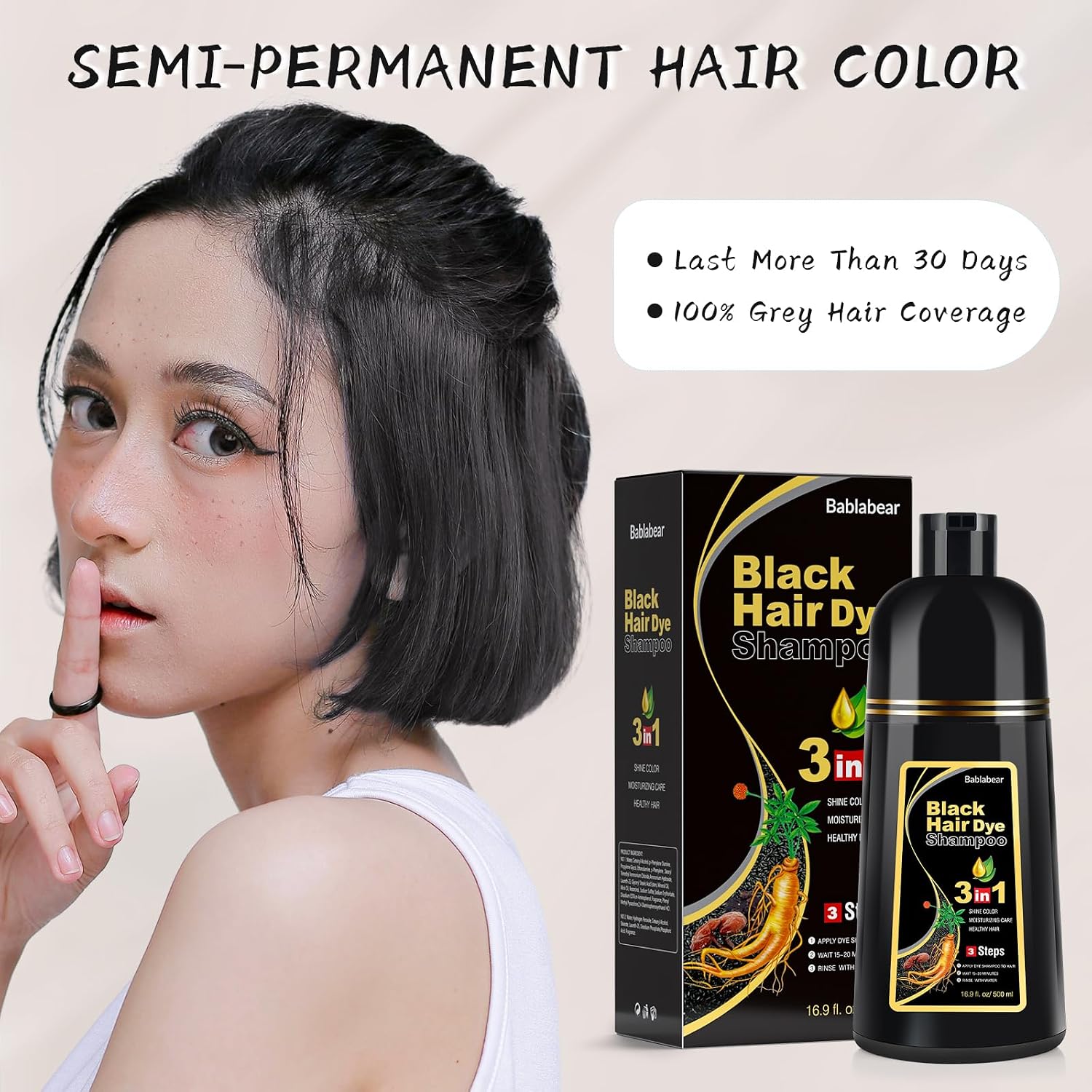 Detalle 2 de Bablabear Black Hair Dye Shampoo 500ml ๐โ