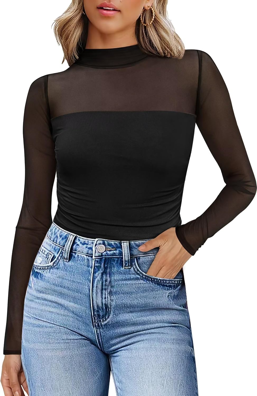 Detalle de WIHOLL Sheer Mesh Mock Turtleneck Top for Women with Long Sleeves and Ruched Fit