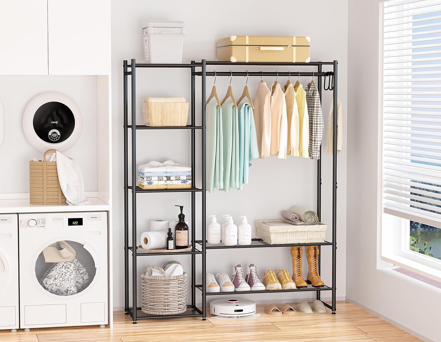 Detalle de Neprock free-standing clothes rail with hanging bar, 4 shelves and hooks (black)