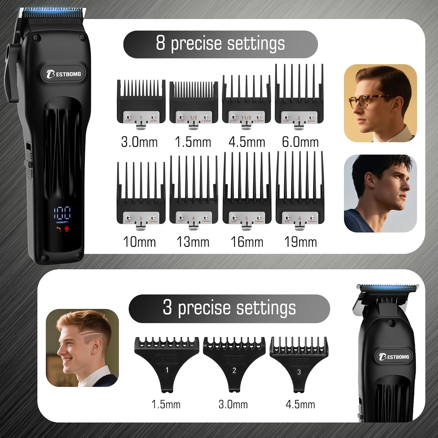 Detalle de BESTBOMG Tagliacapelli Uomo Professionale con Display LED e Pettine Limite – Set Completo