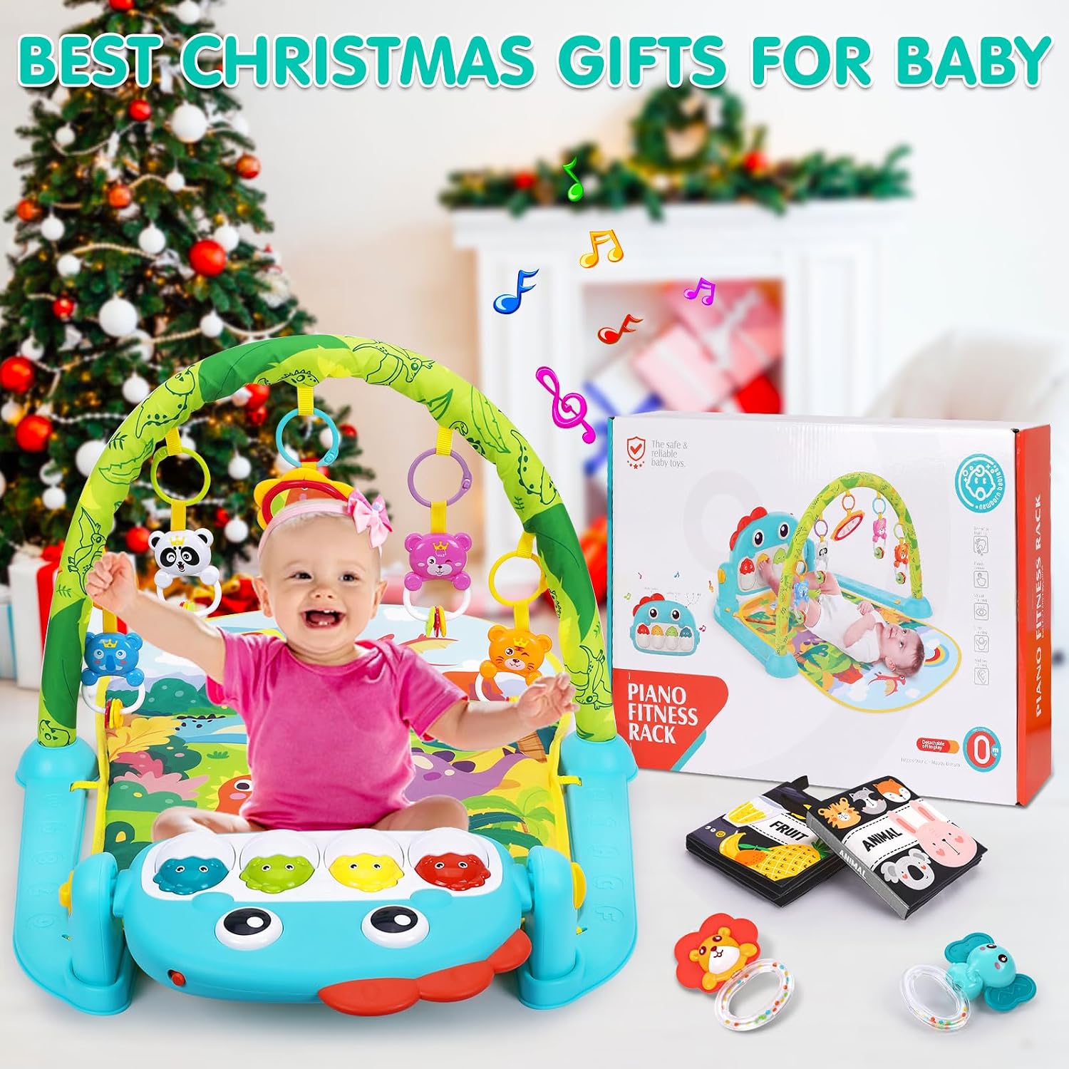 Thumbnail 5 de UMIKU Green Dinosaur Baby Play Mat with Piano, Contrast Books & Hanging Toys