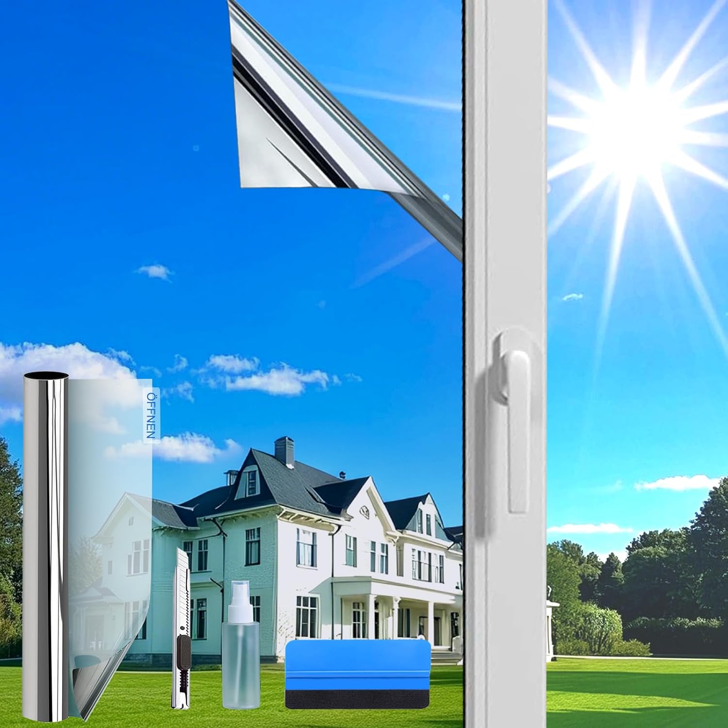 Evofensteere Fensterfolie 90x400 cm Silber – Sonnenschutz, Hitzeschutz und Sichtschutz, selbstklebend