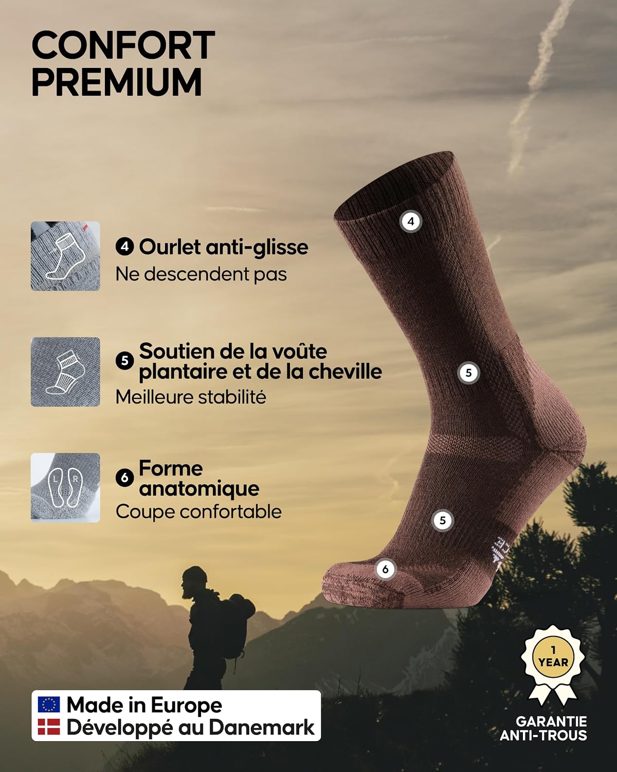 Detalle de DANISH ENDURANCE Chaussettes de randonnée en laine mérinos (lot de 3) – rembourrées anti-ampoules