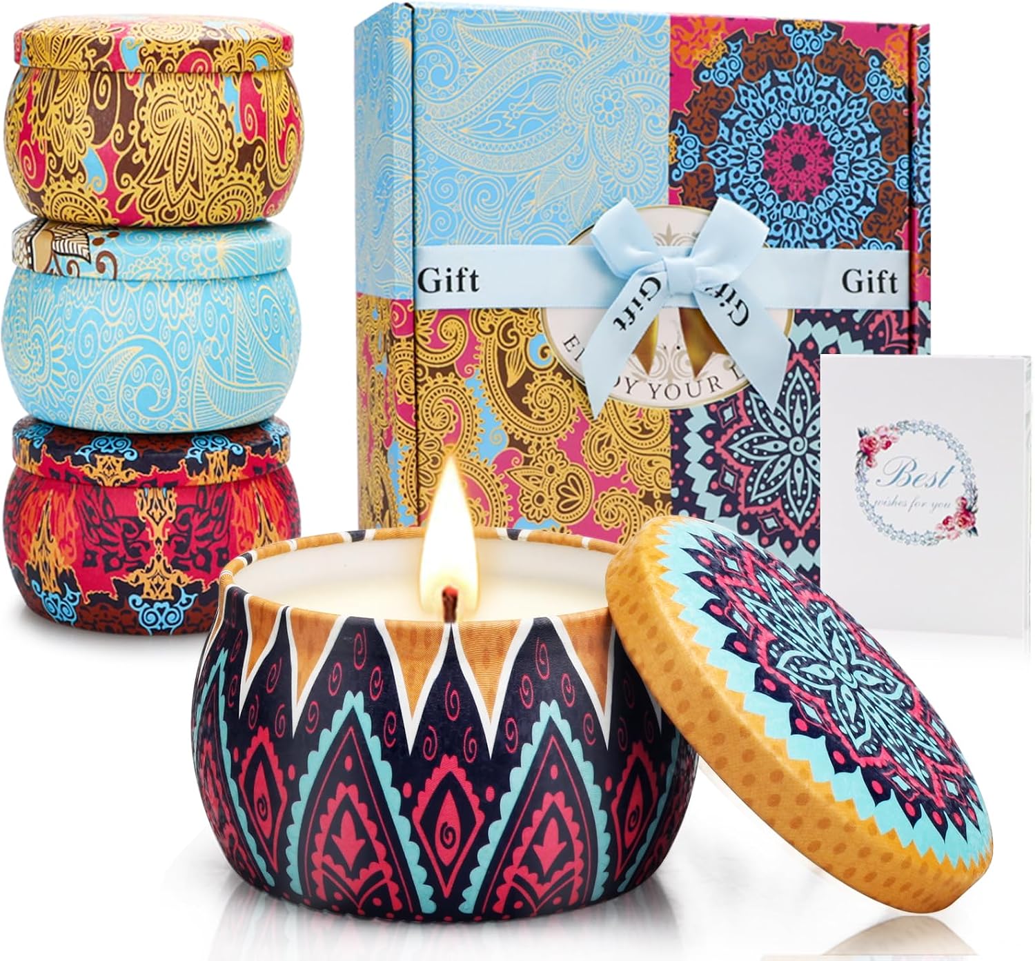 Geschenke-Set Duftkerzen 4x125 g aus natürlichem Sojawachs – Box-Design, Rose, Lavendel, Zitrone, Feige