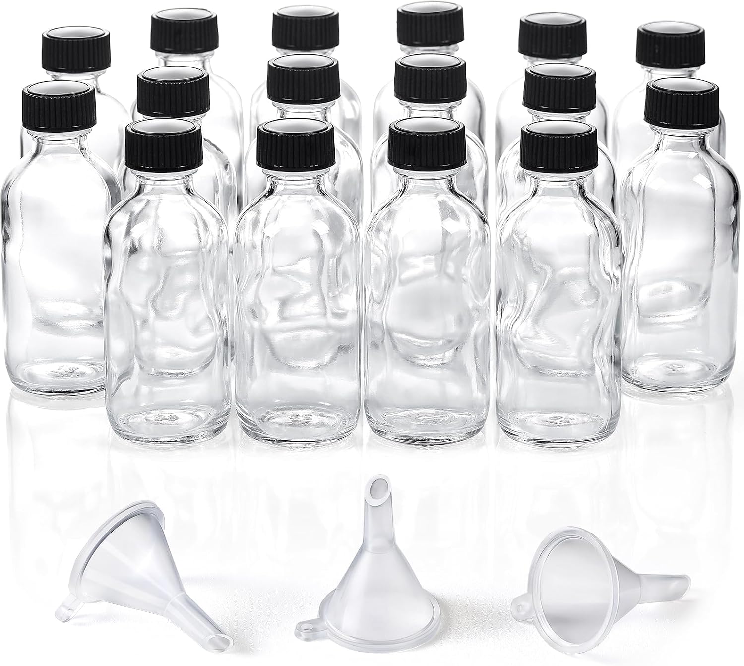 Detalle de AOZITA 16-Pack 2 oz Clear Glass Bottles with Lids & 3 Funnels – 60ml Boston Round for Health, Wellness, Travel & DIY