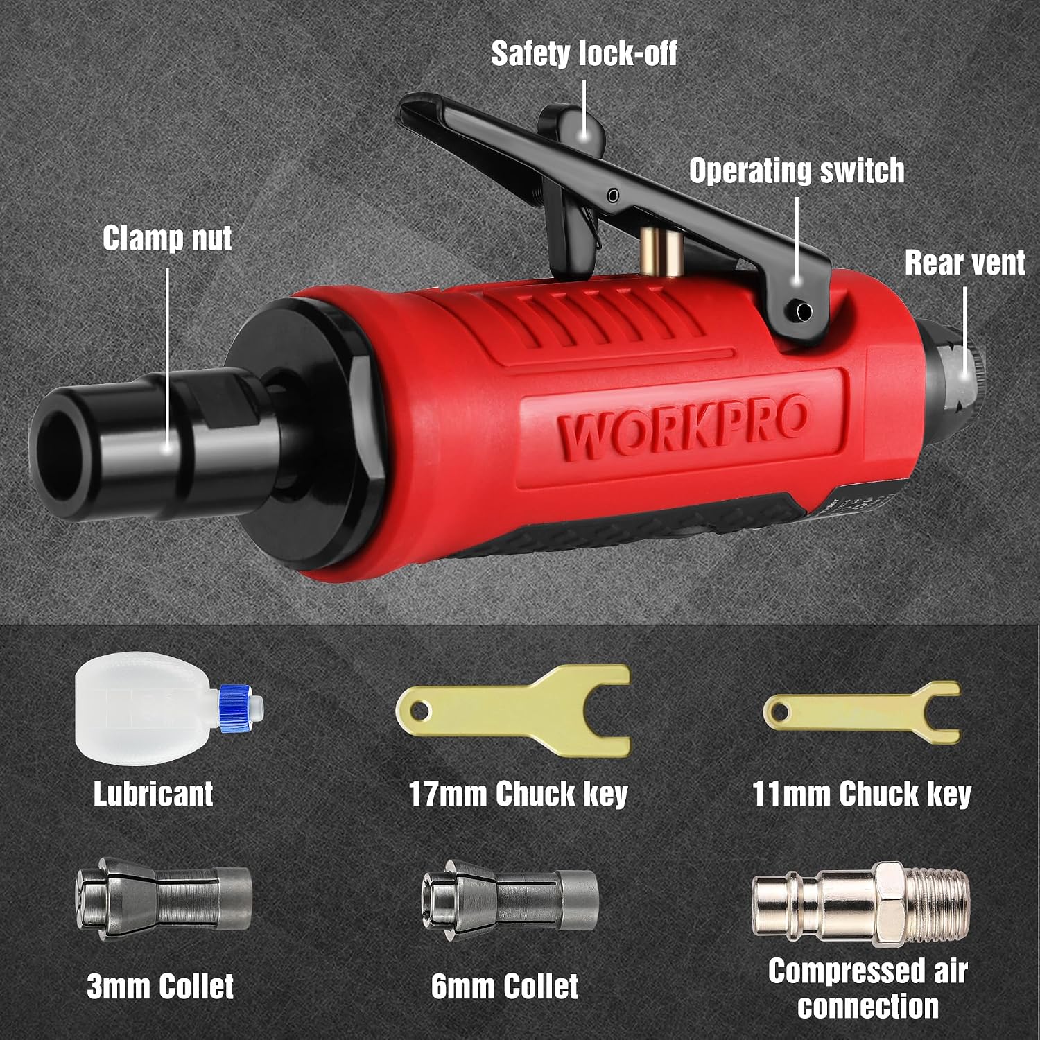 Detalle de WORKPRO Outil rotatif pneumatique 1/4" (6,3 mm) – meuleuse droite à air comprimé 25000 tr/min