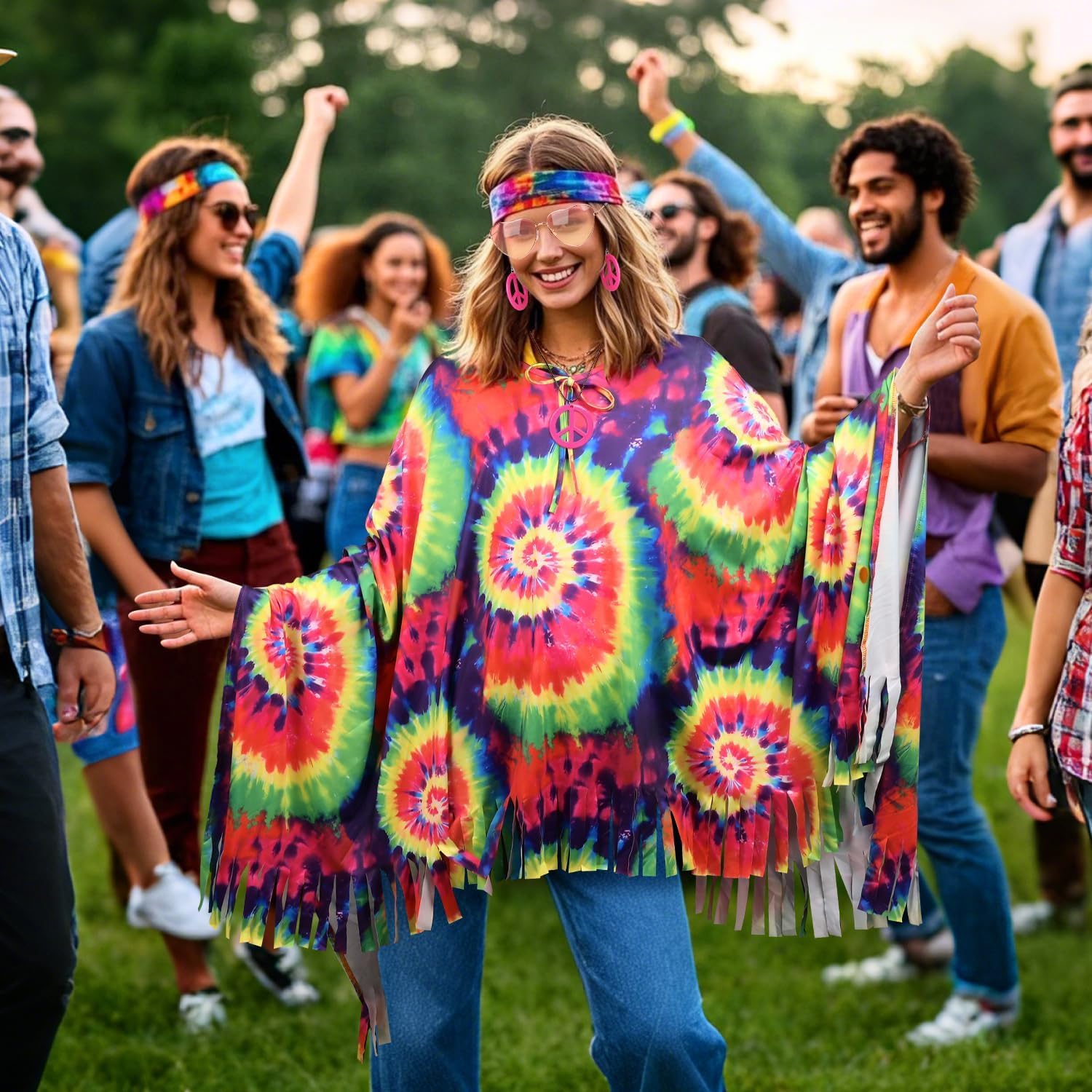 Thumbnail 5 de iZoeL 70s Hippie Costume Set for Women and Men – Batik Poncho, Headbands, Peace Necklace & Accessories