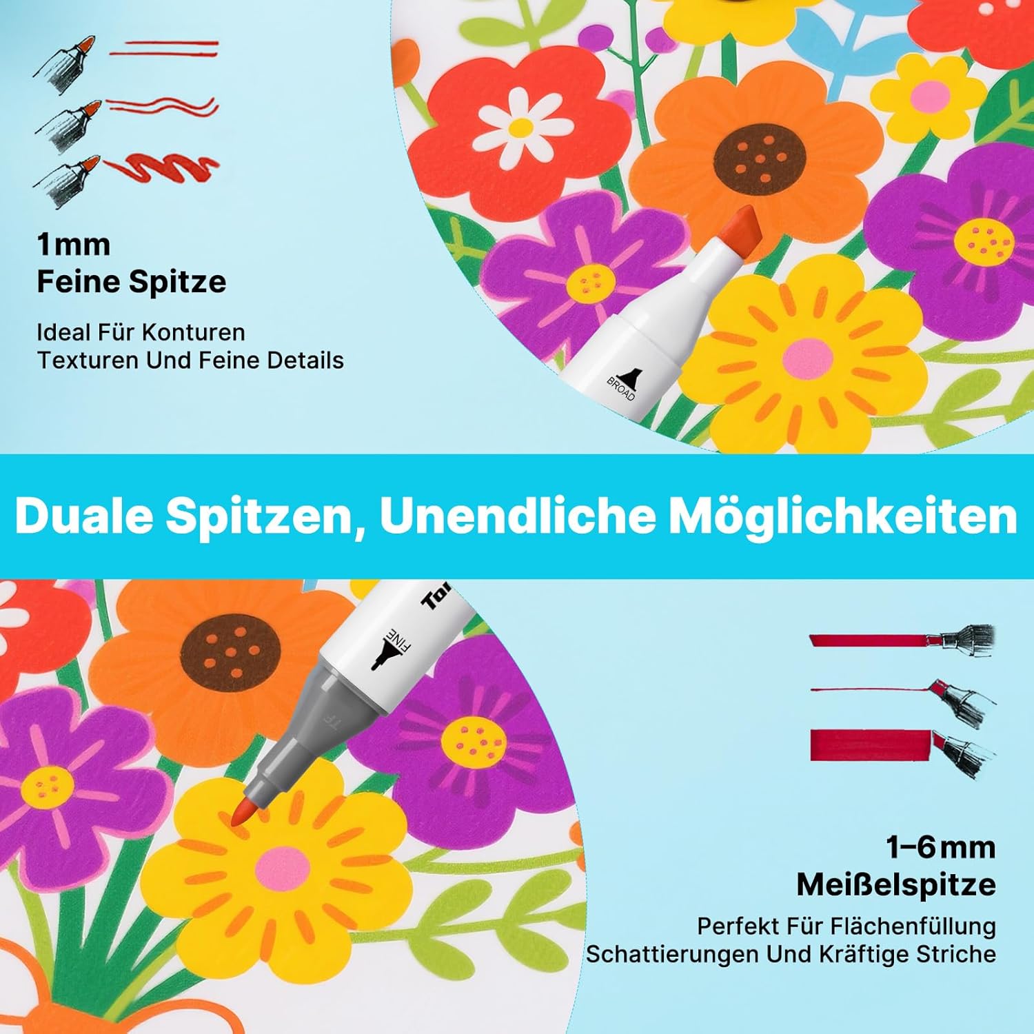 Detalle de Tongfushop Filzstifte Marker Set – 80 Alkohol Marker mit Fein- und Breitspitze, schnell trocknend