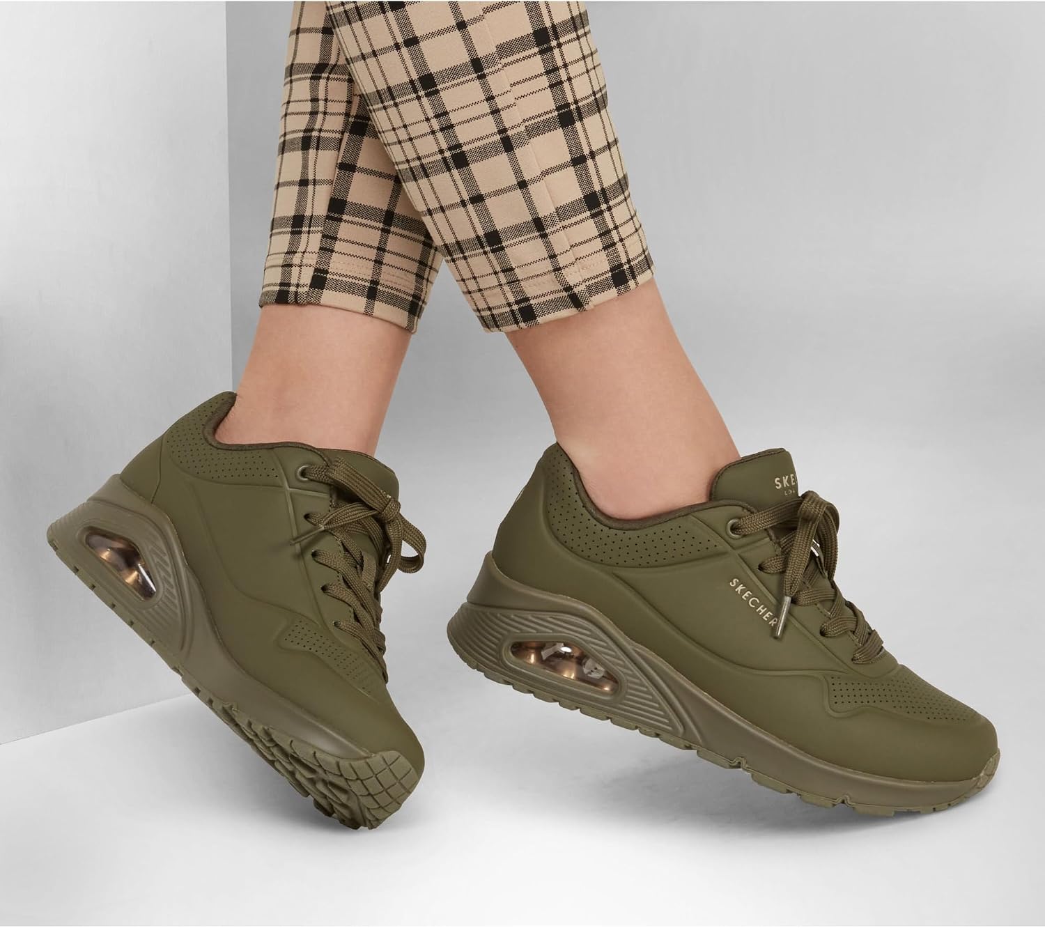Detalle de Skechers Damen UNO Stand ON AIR Sneakers Olive Durabuck, Größe 37 EU