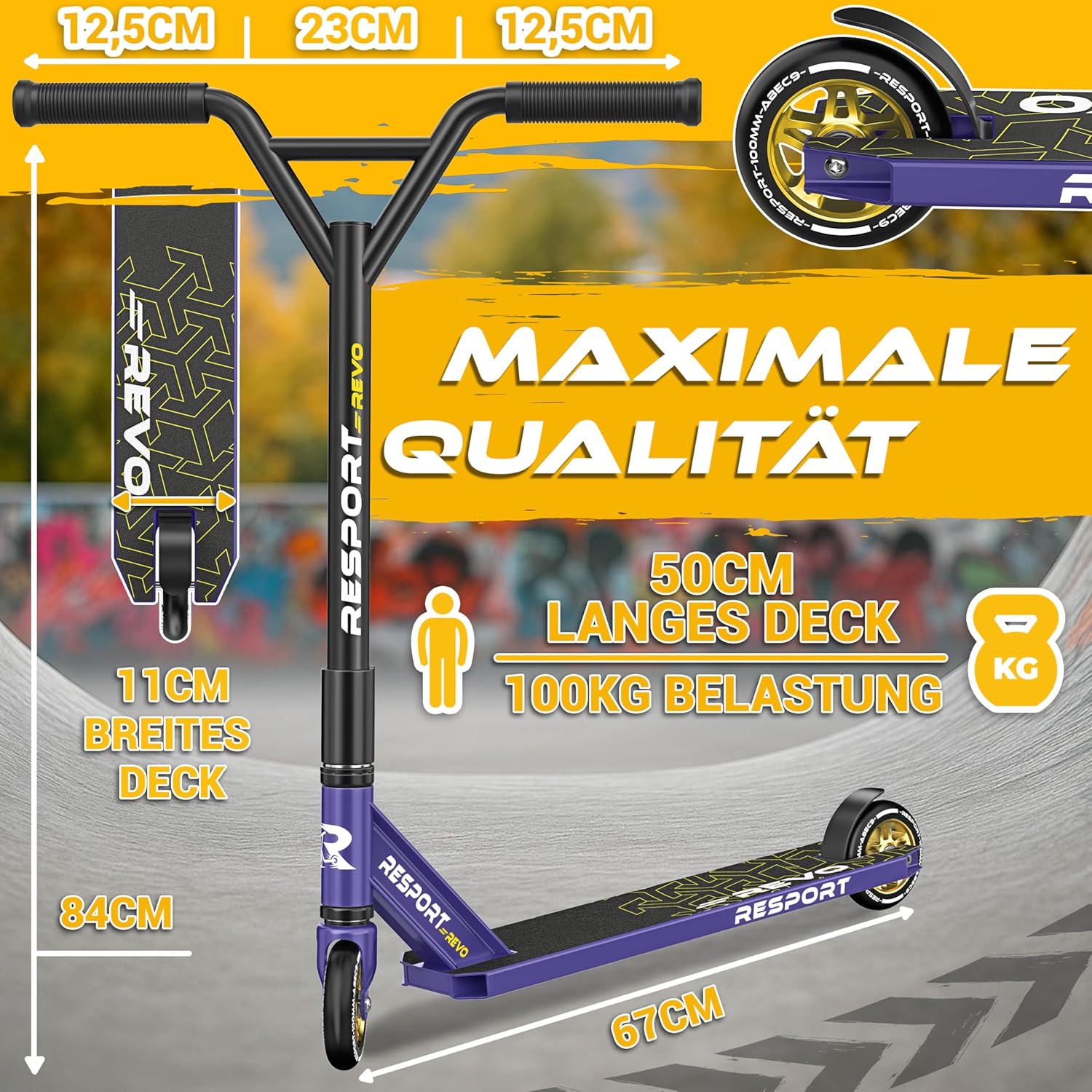 Thumbnail 6 de RE:SPORT Stunt Scooter REVO mit Ständer, 100-mm-PU-Wheels, Y-Bar & ABEC-9 Lager – für Kinder und Erwachsene