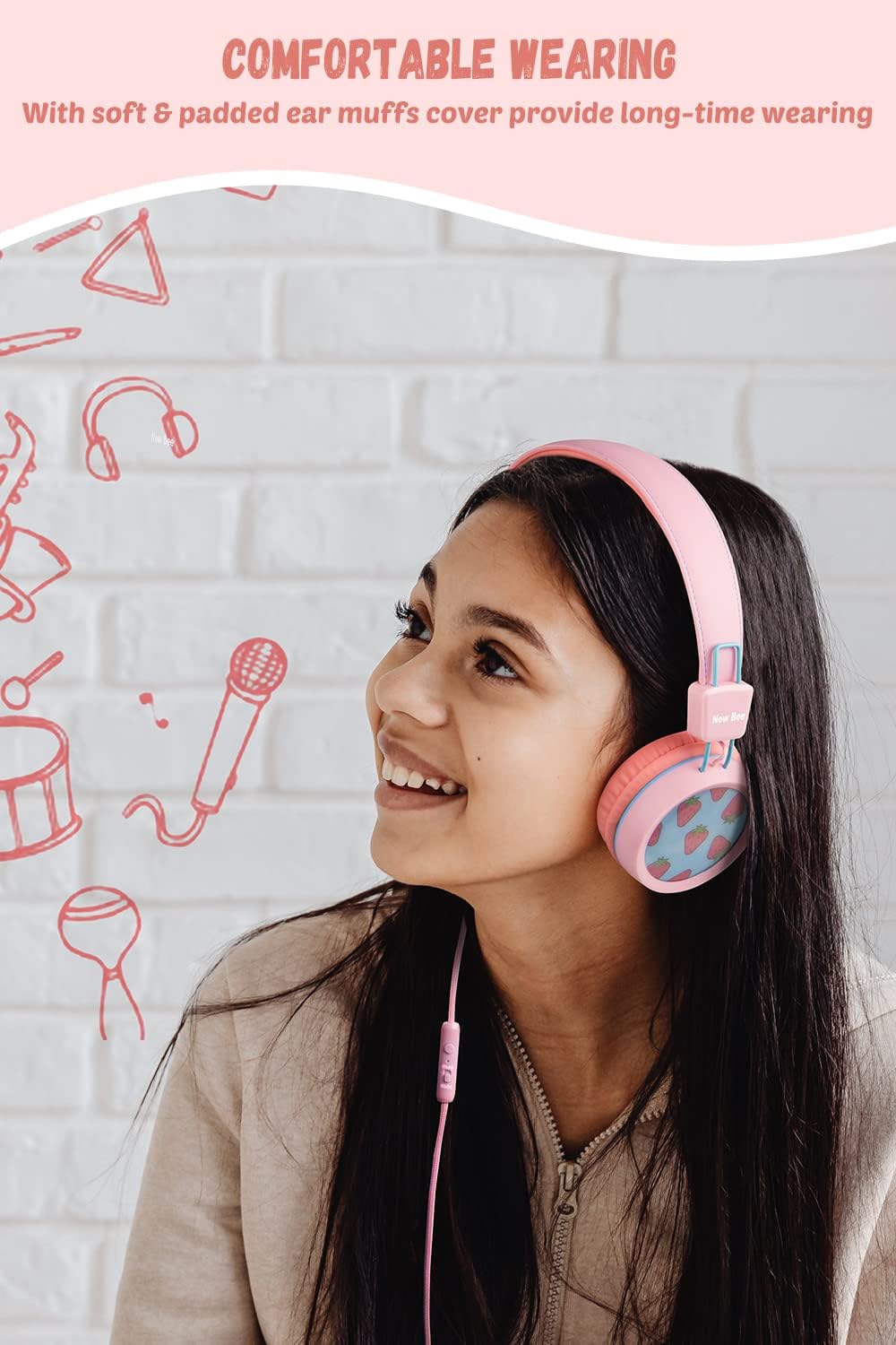 Detalle de New Bee KH20 Kids Wired Headphones with Microphone (Pink) – Safe Volume, Foldable & Lightweight