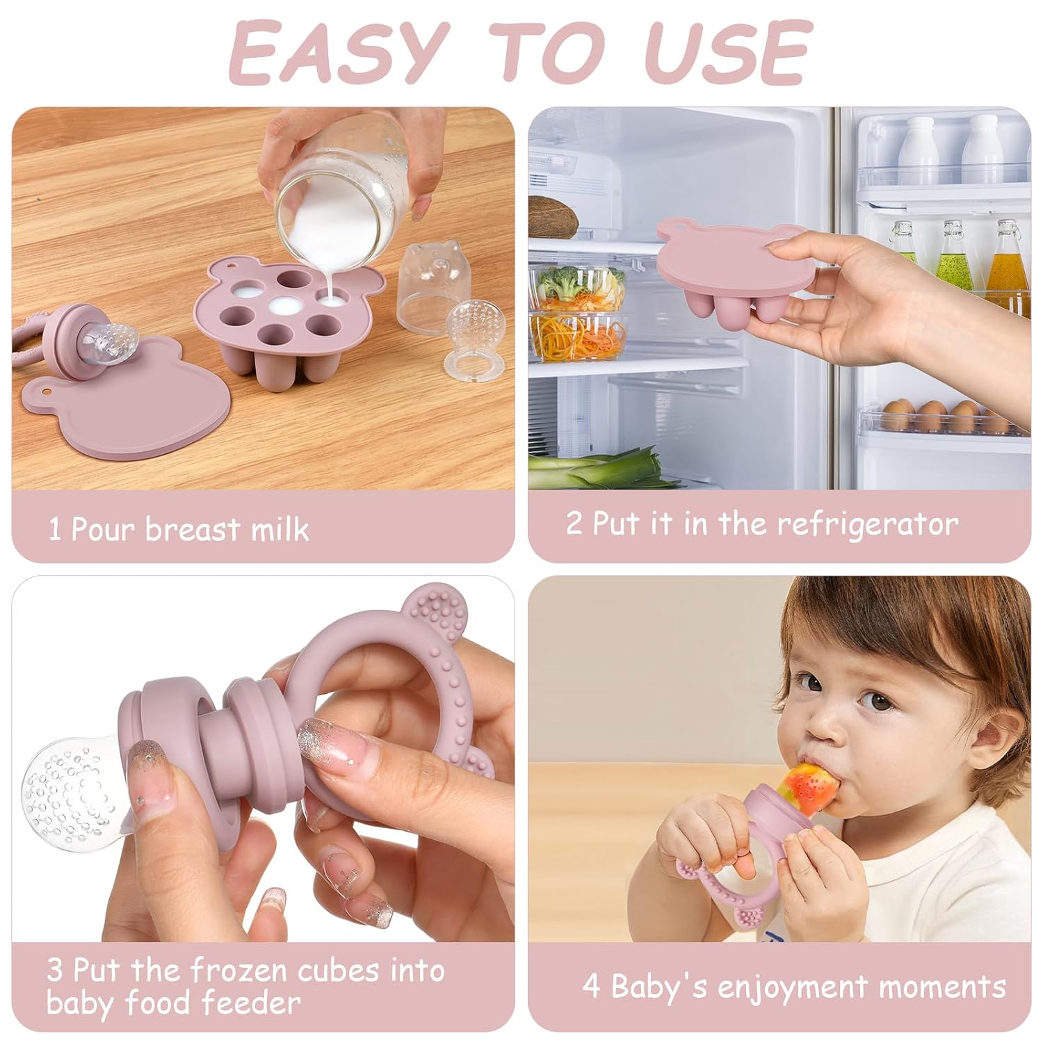 Detalle de Aolso Silikon Fruchtsauger Baby – Set aus Fruchtsauger, Aufbewahrungsbehälter und Eis-am-Stiel-Formen, Rosa