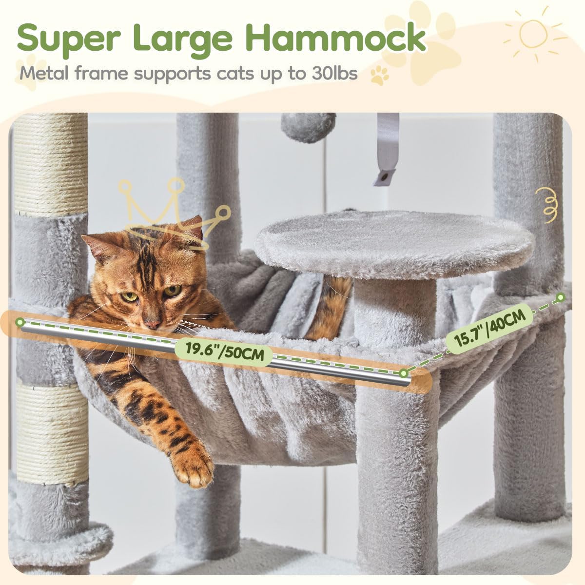 Detalle de Taoqimiao 183cm Cat Tree (MS045W) with Big Cat Platforms, Scratching Posts & Metal Hammock