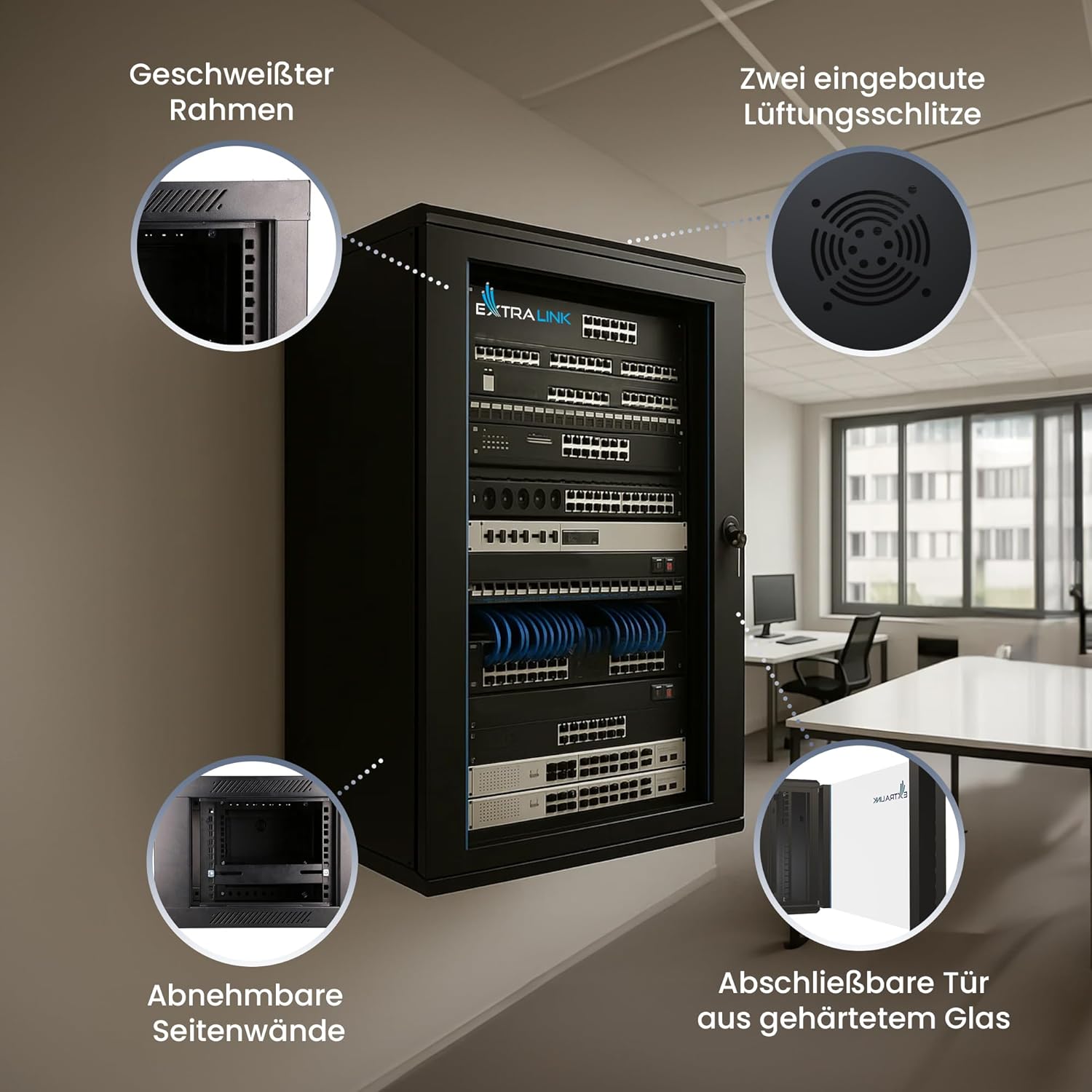 Thumbnail 1 de Extralink Serverschrank 19 Zoll 12HE – Netzwerkschrank mit 600 mm Tiefe, Wand- oder Standmontage, gehärtete Glastür, abschließbar