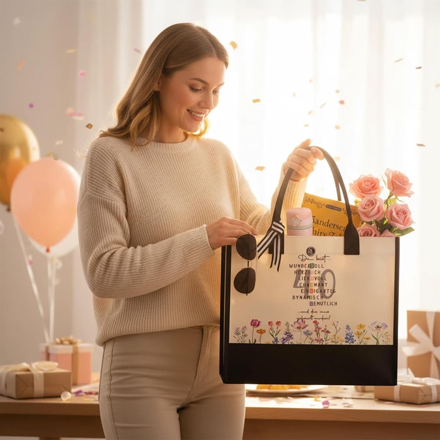 Detalle 2 de Johiux Geburtstagstasche 40/50/60/70 für Frauen – Langlebige Canvas-Tasche mit witzigen Sprüchen