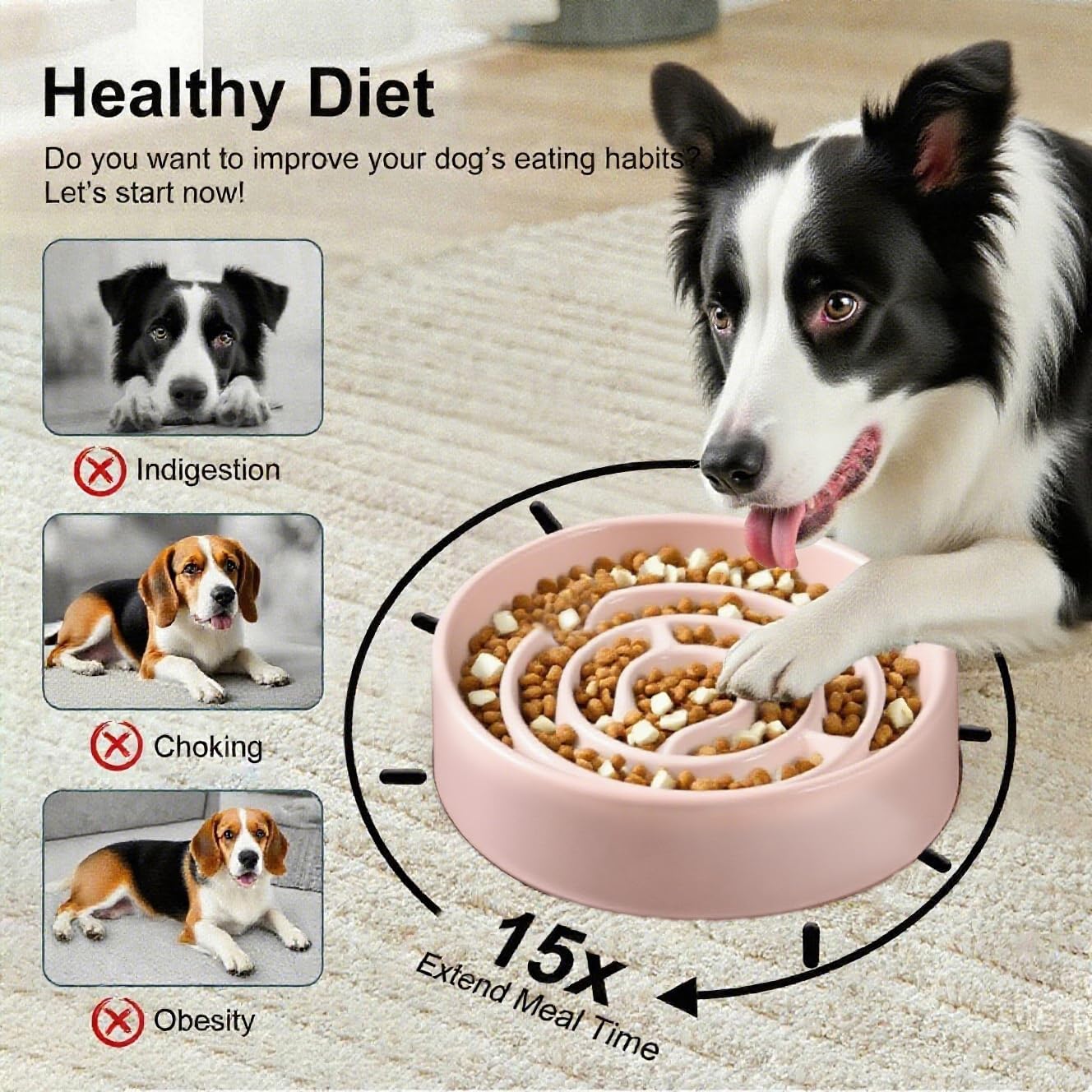 Detalle de Slow Feeder Ceramic Dog Bowl with Anti-Slip (Pink) — 1.5 Cup Capacity