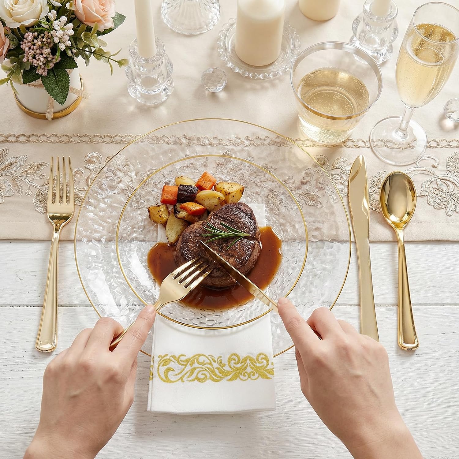 Thumbnail 2 de Rubtlamp 350 Pcs Clear Gold Hammered Plastic Dinnerware Set