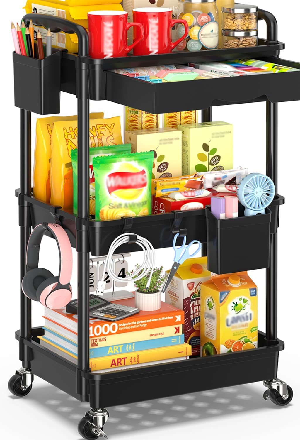Detalle de SUNALLY SN-UC03B 3-Tier Rolling Cart with Drawer, Hooks and Locking Wheels
